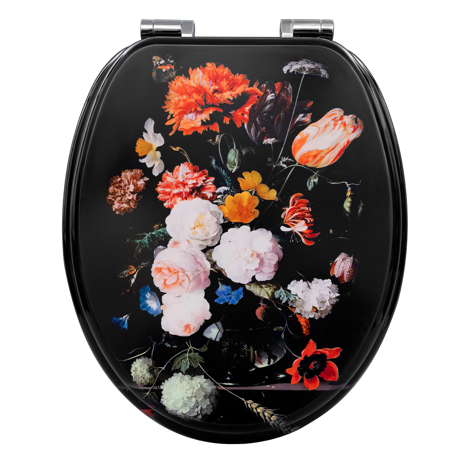 WOLTU Toilet Seat with Soft-Close Mechanism, Wood, Toilet Seat, O-Shape with Hinges, Quick Release Function for Easy Cleaning, Flower Motif
