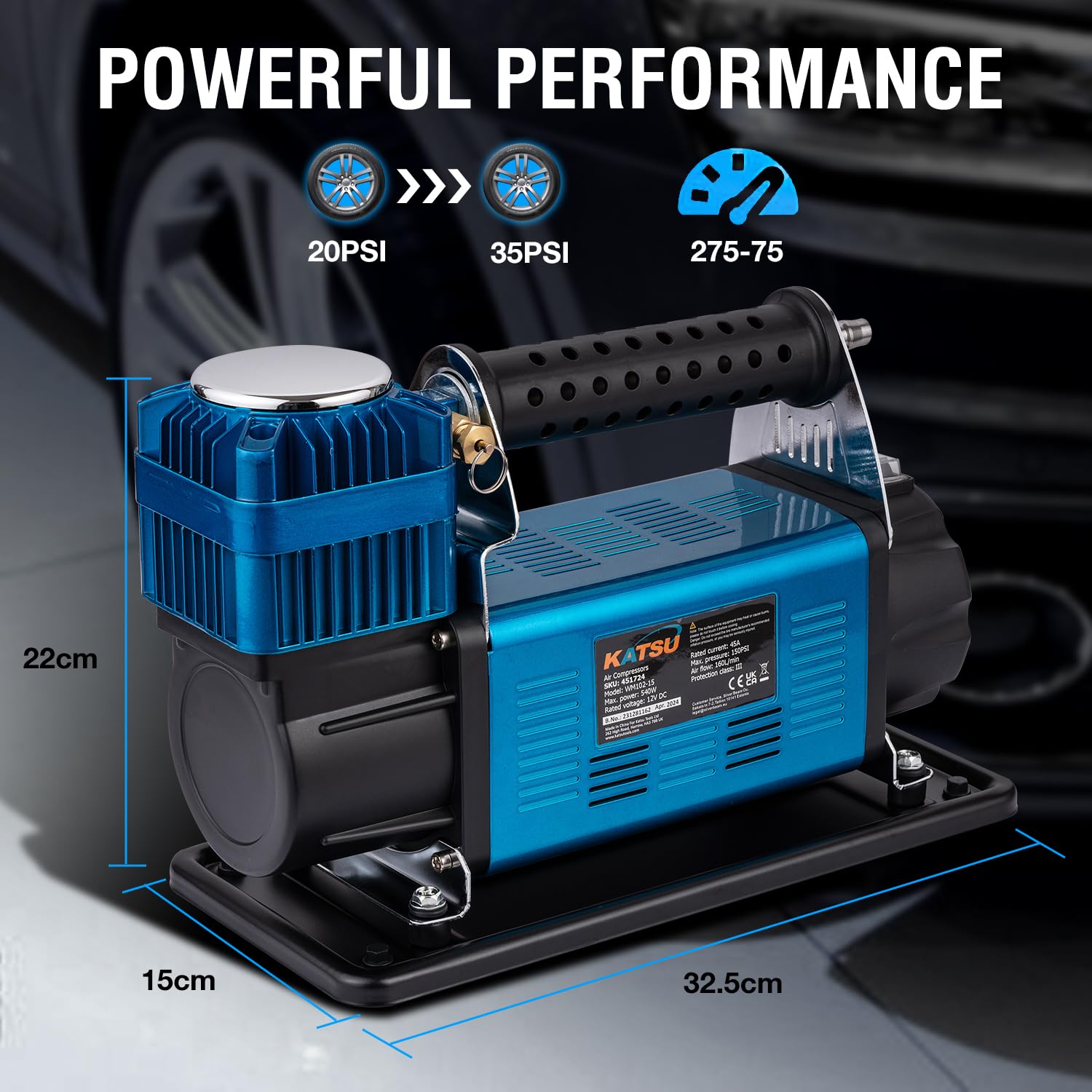 KATSU Tools Compressore Aria Portatile Auto Professionale 150PSI 12V 45 Amp Grande Volume 4WD Gonfiatore per Pneumatici per Auto Pompa per Auto Camper SUV Camion