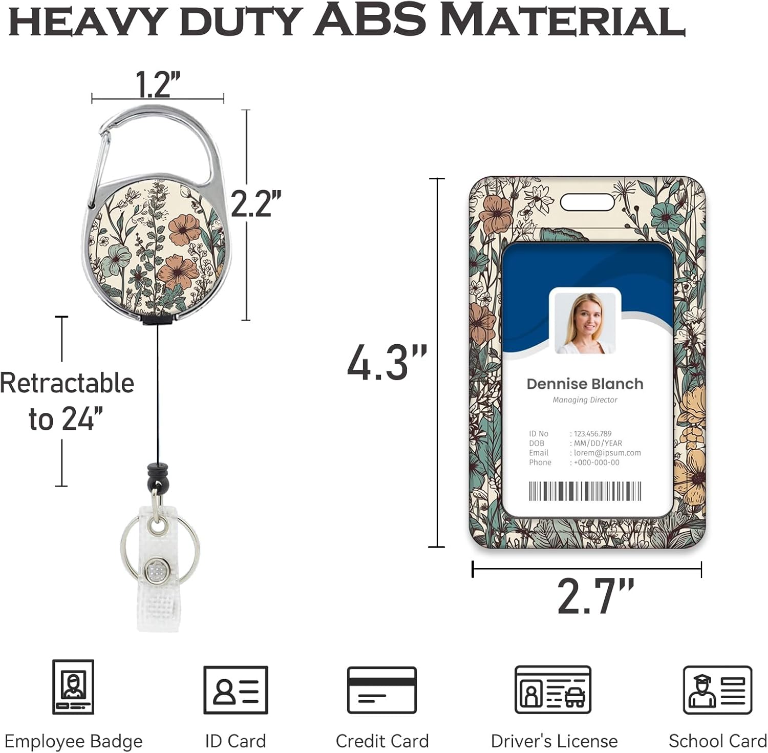 Heavy Duty ID Badge Holder with Lanyard, Retractable Badge Reel Clip, Lanyards for Hard Vertical ID Card Holders for Office, School, Teachers, Nurses, Women - Vintage Floral Art - Image 3