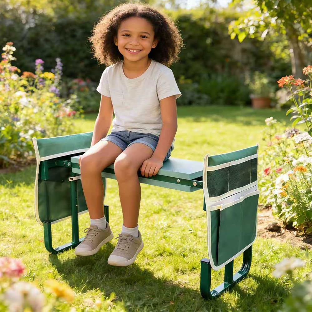 Tabouret de jardin pliable - Hauteur réglable - 60 x 52 x 27 cm - Repose-genoux avec aide au lever - Sac à outils - Tapis en mousse EVA - Pour jardinage, pêche, camping