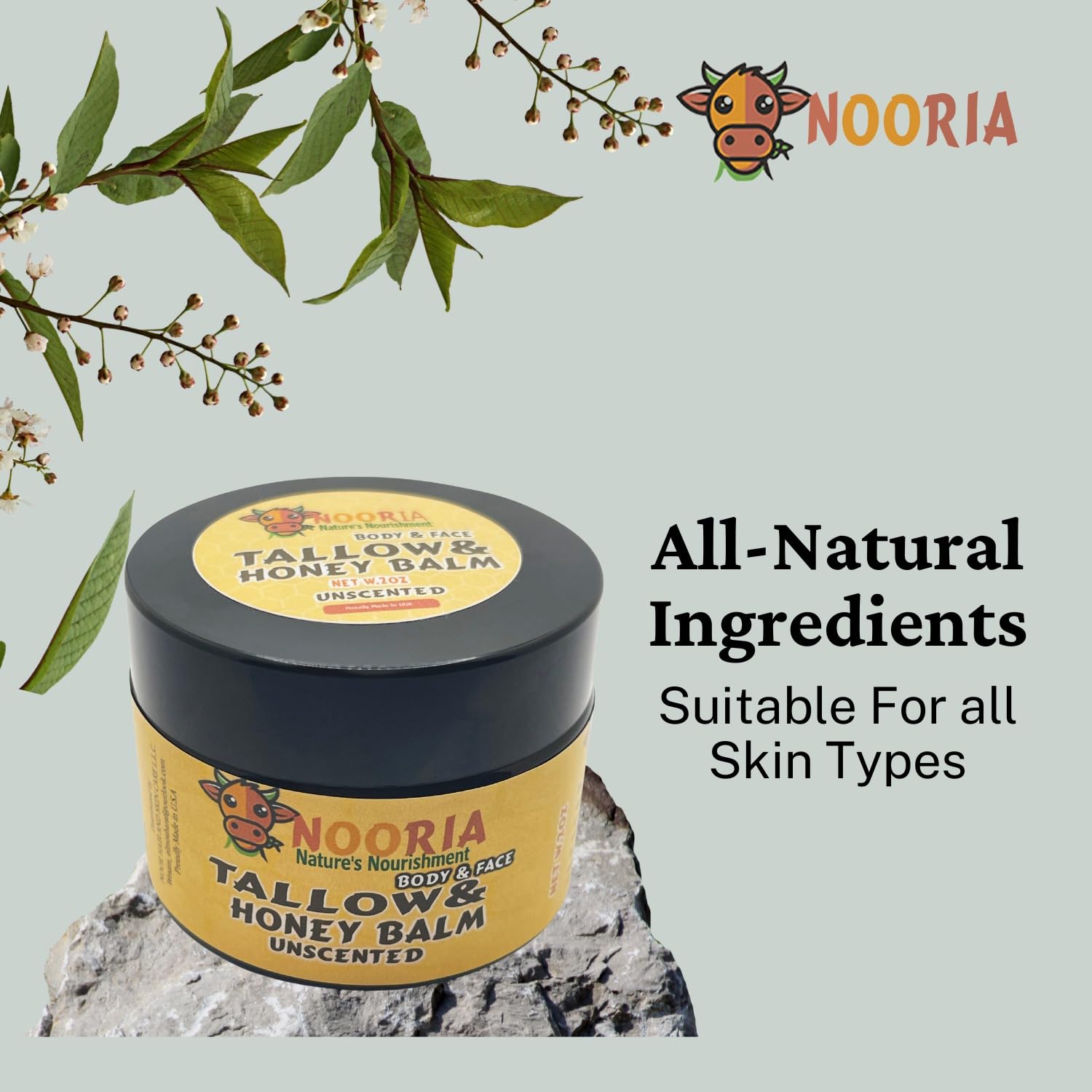 NOORIA : Handmade Tallow honey Balm (Unscented/Herb-Infused) - Grass-fed tallow and Raw Honey For Deep Hydration and Skin Health - For All Skin Types, Body & Face - No essential oils - 02 oz