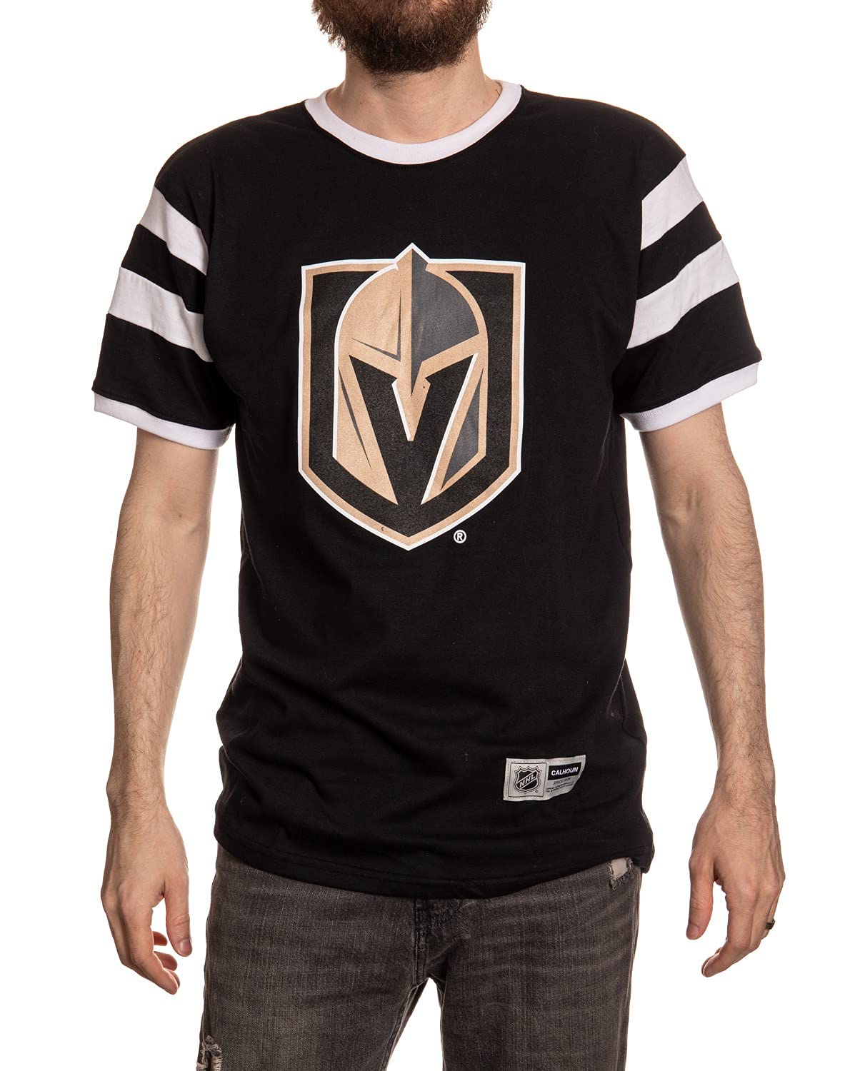 Calhoun Men's Vegas Golden Knights Nhl Surf & Skate Shoulder Stripe Varsity Inset Sleeve Retro Style T-Shirt – The Coastal Collection, Xl