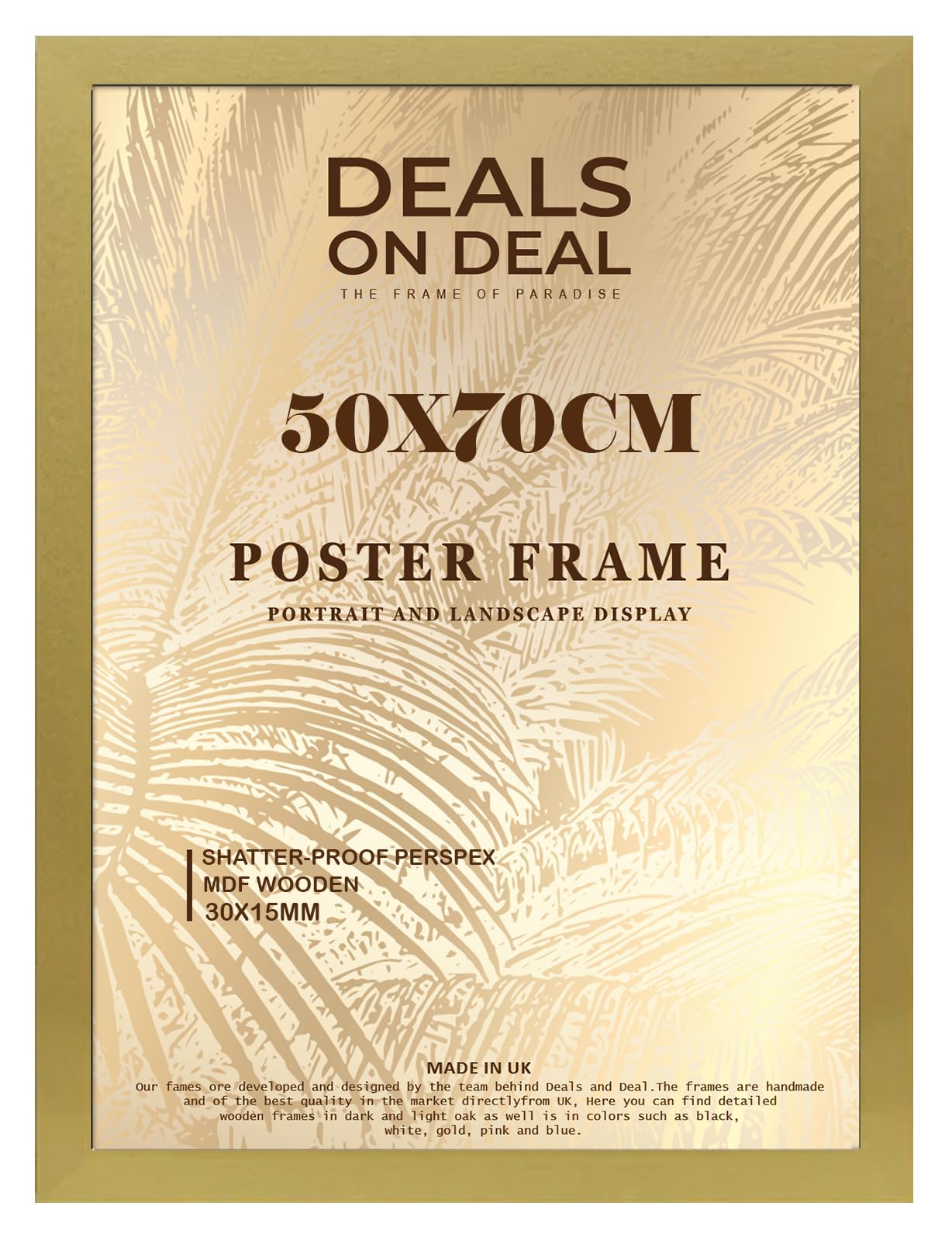 DEALS ON DEAL® Modern Large Poster Frame 50x70cm Mdf Wooden Picture Frames 70cm x 50cm for Jigsaw Puzzles/Shatter-Proof Front Vertical/Horizontal Mounting For Home & Office Décor-Gold