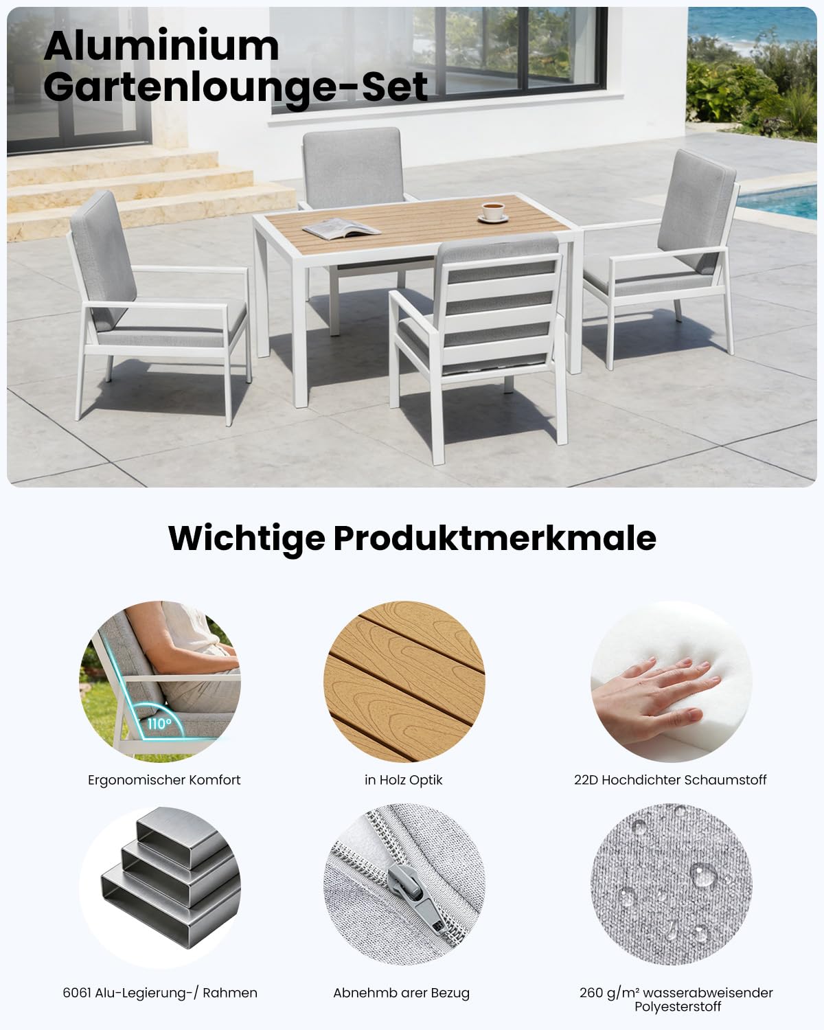 LANOX Gartenmöbel Set mit Tisch & 4 Stühlen – 5-teiliges Garten Essgruppe aus Metall & Aluminium, 140×80 cm Gartentisch, wetterfest, mit Kissen & WPC Tischplatte, Weiß