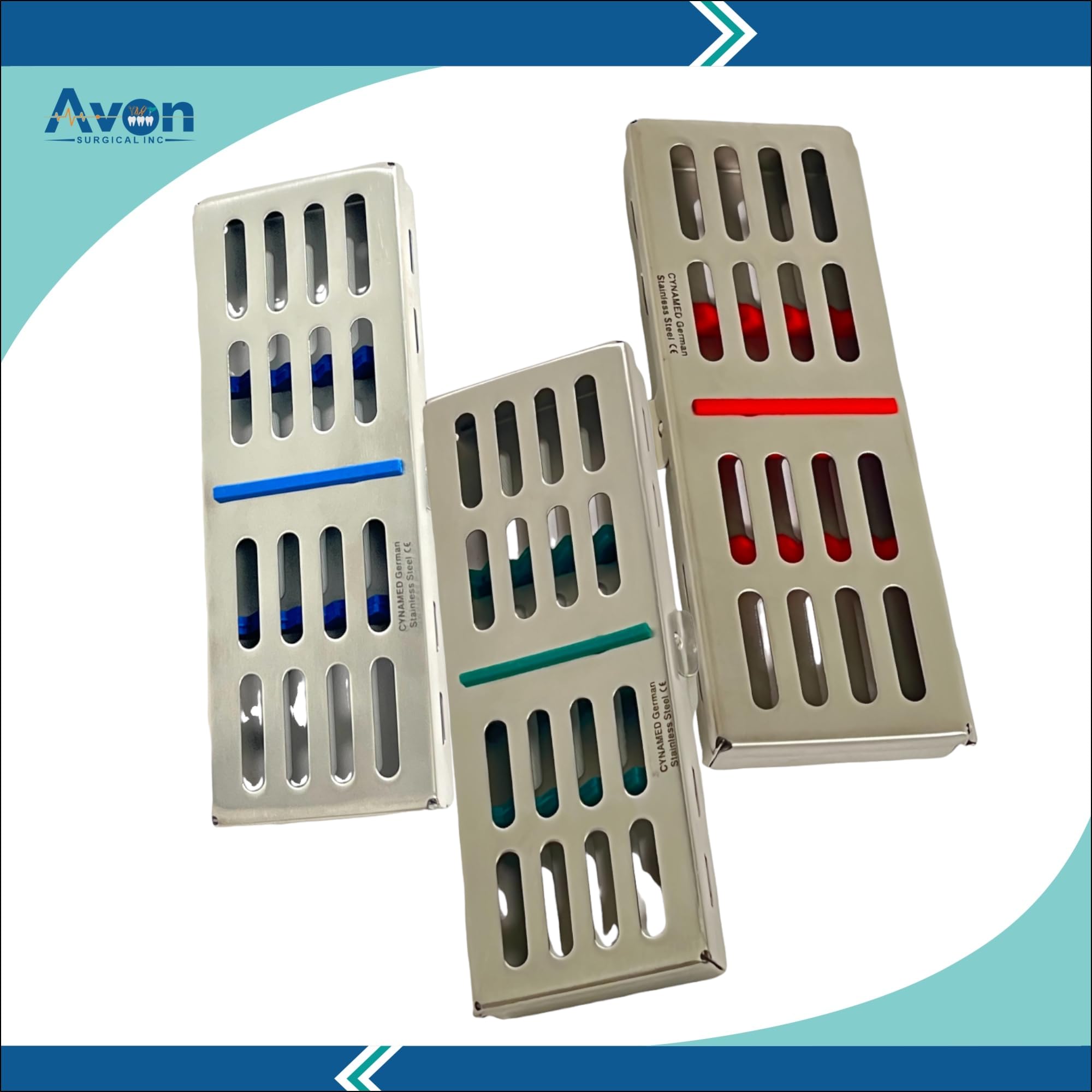 3 Pack Sterilization Rack with Place Holder Silicone Inserts for 5 Handpieces | Dental Instruments Autoclave Rack | German Stainless Steel (Blue, Green, Red)
