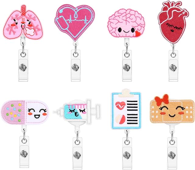 OFFCUP Badge Reel Holder, 8pcs Retractable Felt Badge Reels, Cute ID Badge Holder Felt Nurse Reel Retractable Lanyard Clips for Nurse Doctor Teacher Student