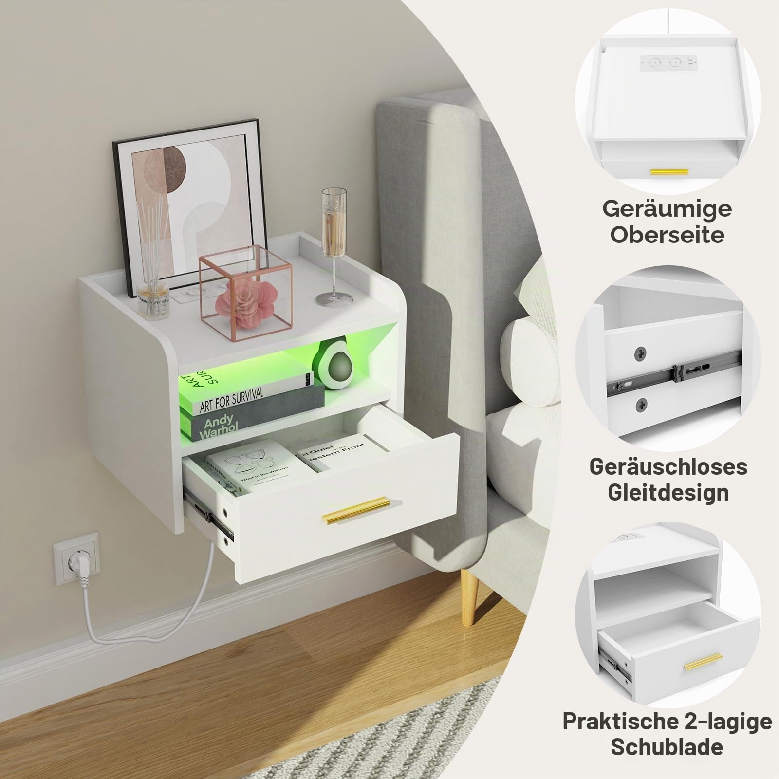 Nachttisch wandmontage, Nachtschrank Hängend, Offenes Fach Und Einer Schublade, 2 USB Anschlüsse, 2 Steckdosen, 16 Farben LED Nachttisch mit Ladestation 40x30x30cm