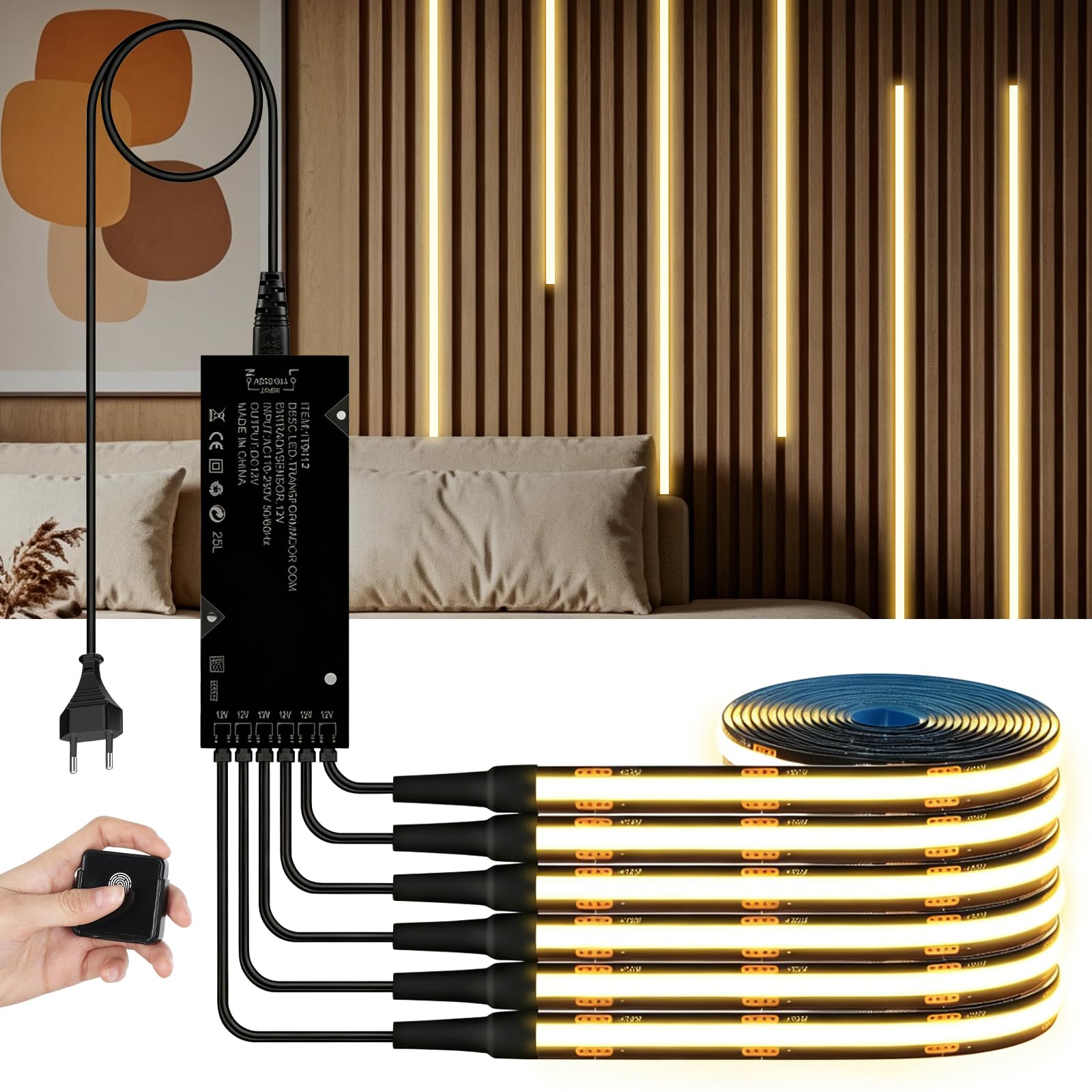 Tira de luces LED COB de 12 V, 6 x 1 m, blanco cálido, 3000 K, regulable, con interruptor táctil, para paneles acústicos, armarios, vitrinas, cocina, vitrina, vitrina, iluminación de
