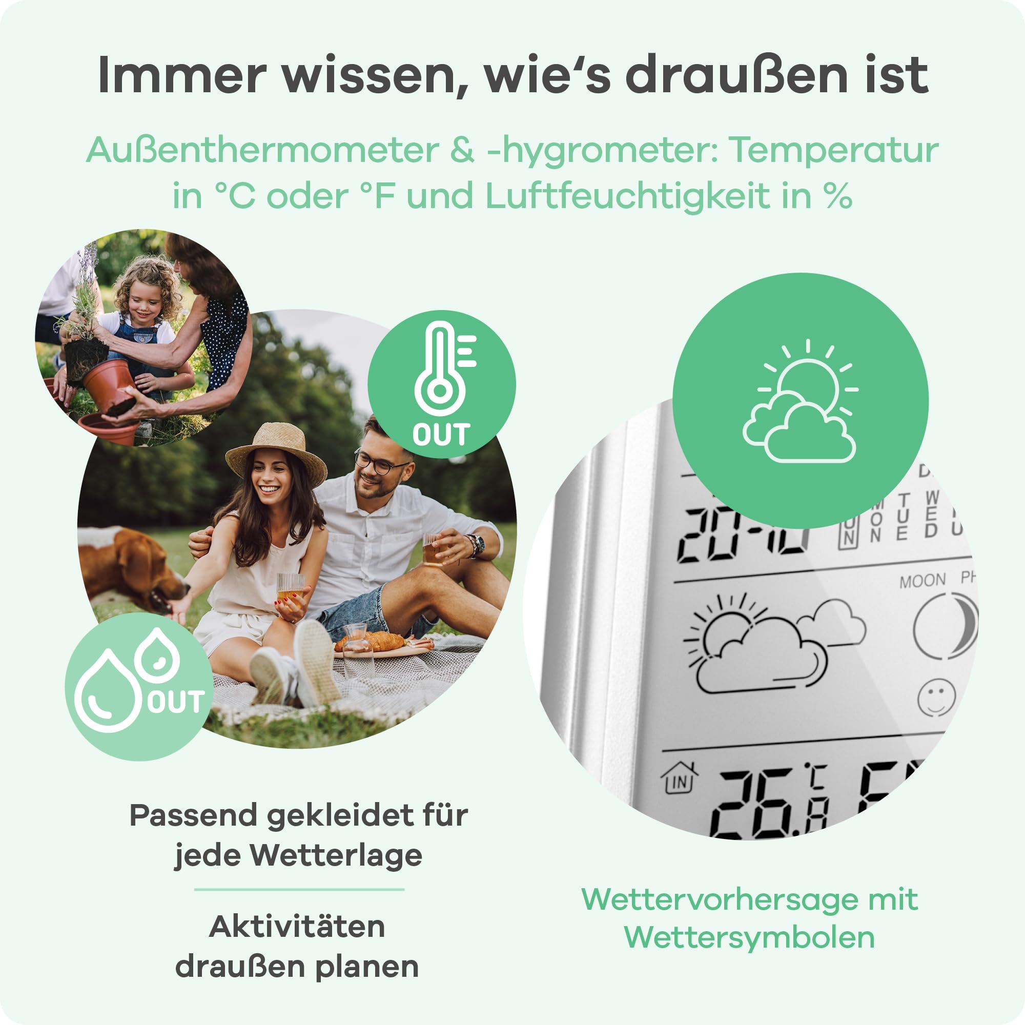 MEBUS funkgesteuerte Wetterstation mit Außensensor, Thermometer, Hygrometer, Funkuhr, Wohlfühlindikator bewertet Raumklima, Wettervorhersage, Mondkalender, Wecker, Farbe: Silber, Modell: 40627