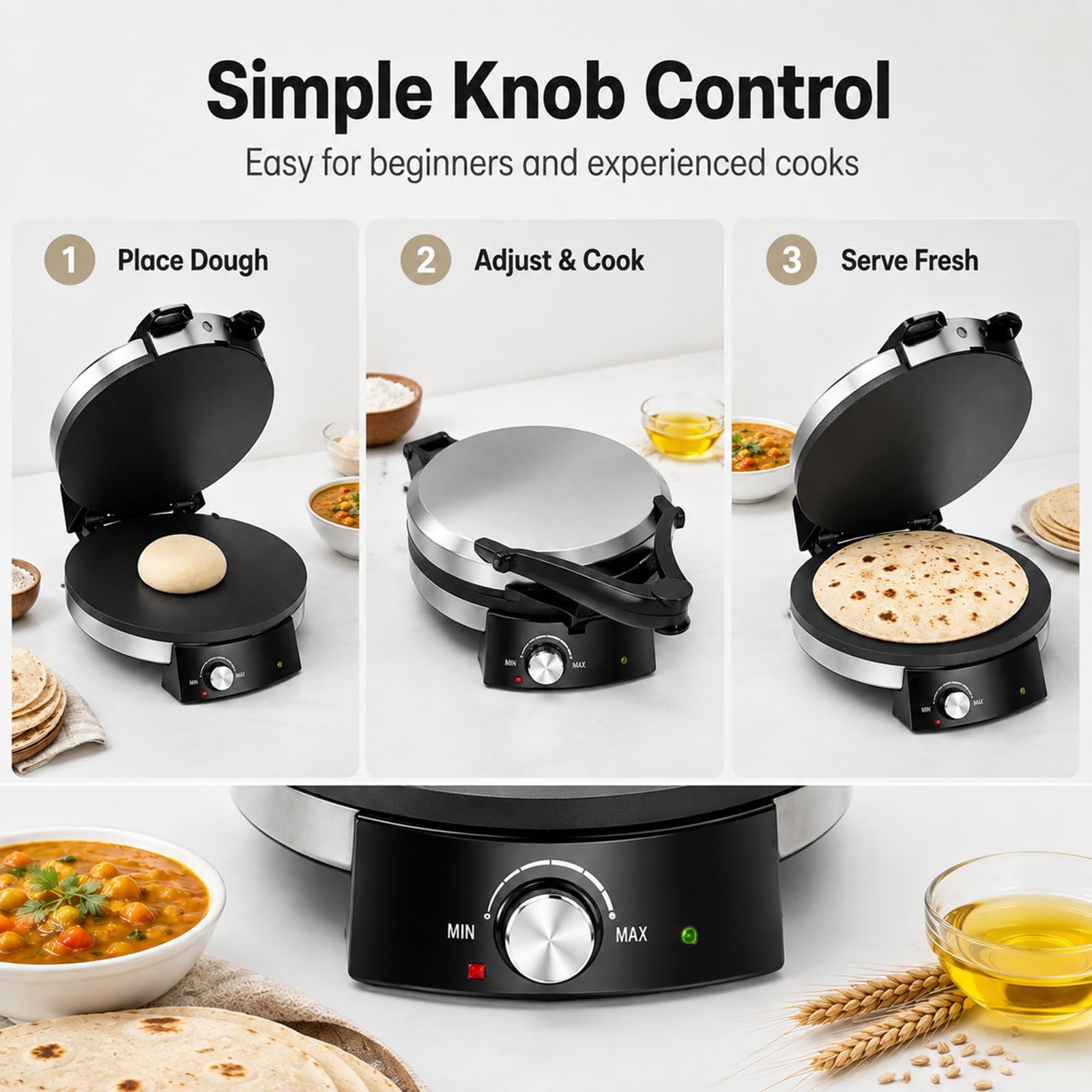 Máquina Eléctrica Roti 13", Prensa Antiadherente for Tortillas y Chapati | Máquina de Pan de Acero Inoxidable con Control de Temperatura for Auténticos Chapatis Indios y Tacos
