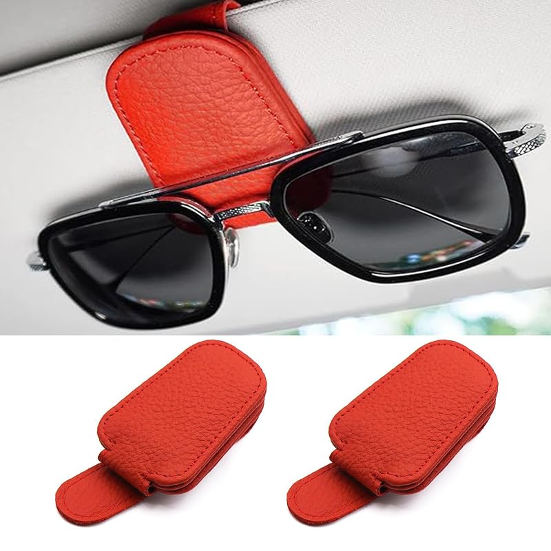 Suporte para Óculos de Sol para Carro com Clipe Magnético de Couro para Para-Sol Yecitona Vermelho, Kit com 2