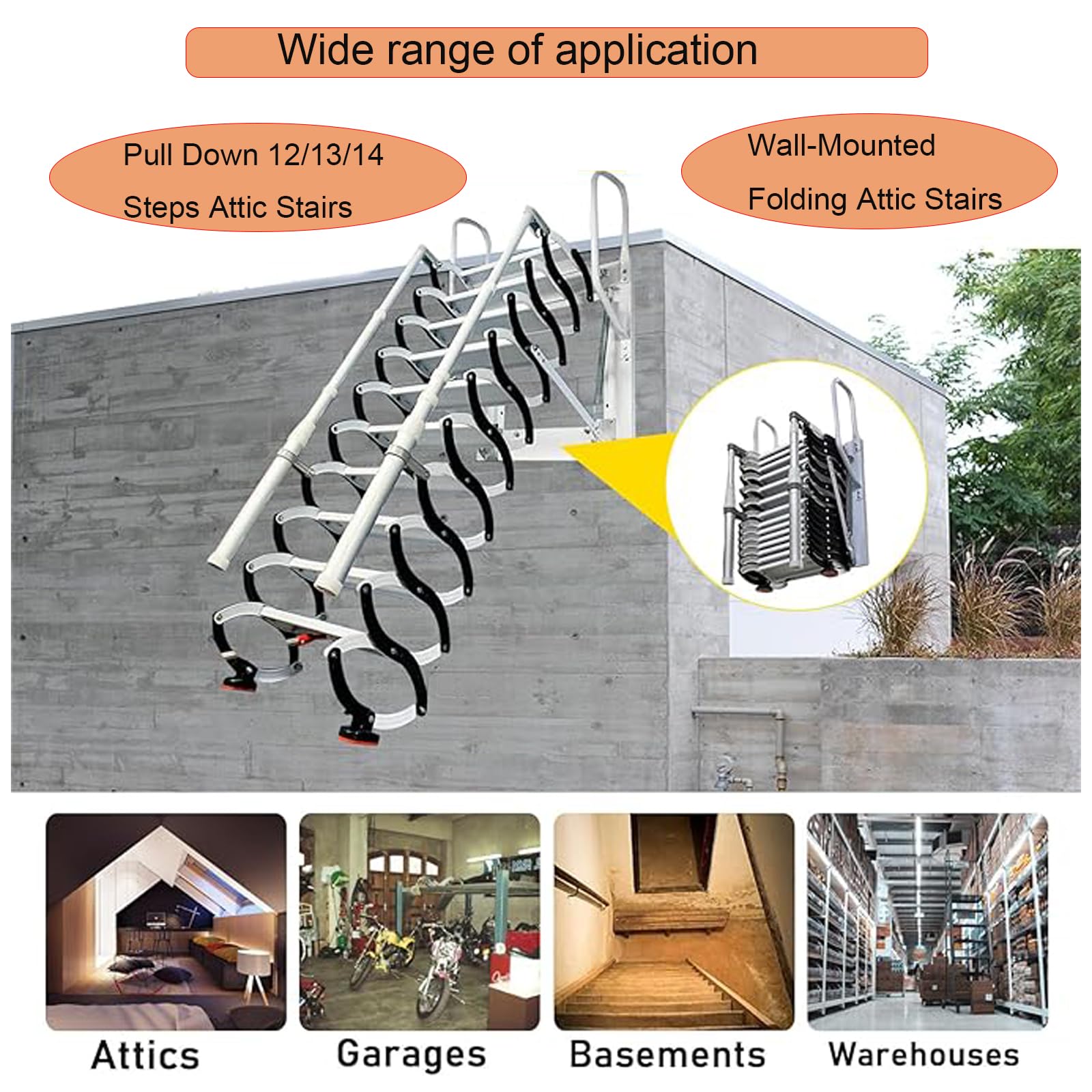 11 gradini Scale accesso sottotetto, Scala pieghevole mansarda soffitta, Scala retrattile a muro con,scala soppalco braccioli, portata 350 kg, Adatto per ripostigli, cantine e garage (11 gradini)