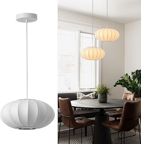 Miniatura 11 de Farol Colgante Grande de 23.6 Pulgadas, Pantalla de Imitación de Seda Blanca, Luz Colgante de Burbuja, Lámpara Colgante Candelabro Simple para Sala