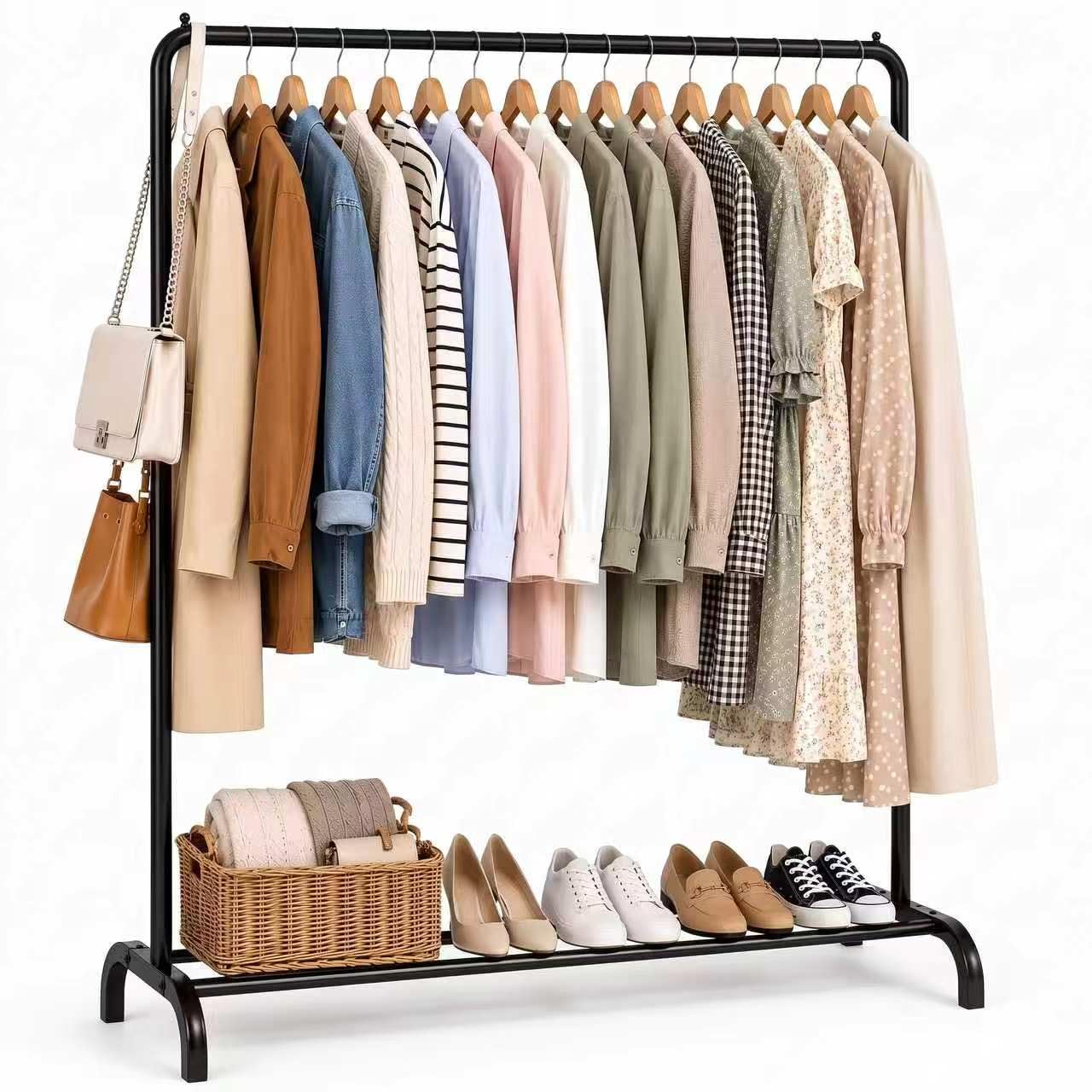 Vivo Technologies Metal Rail Stand with Hanging Rail and Storage Shelf , Clothes Rack for Bedroom, Black