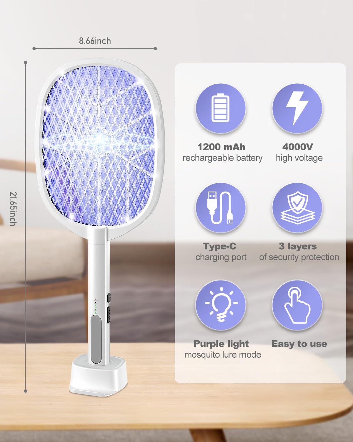 Paquete de 2 matamoscas eléctrico, 4000 V, raqueta de mosquitos 2 en 1 con batería recargable de 1200 ml, lámpara morada para matar mosquitos con red de seguridad de 3 capas, adecuada para interiores