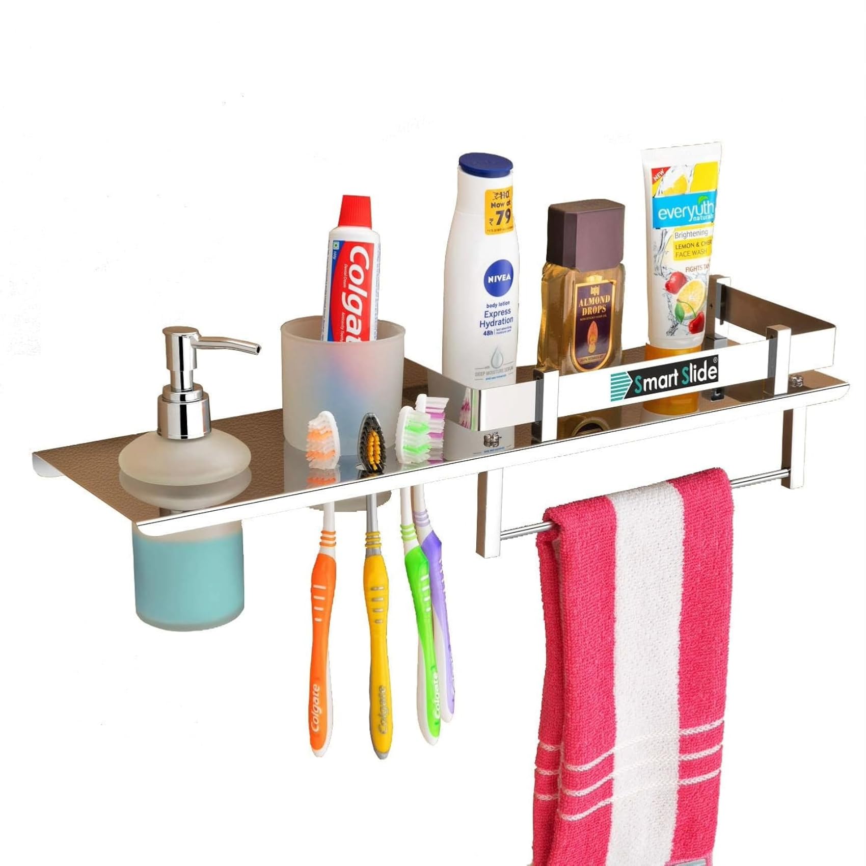 See full amazon price history chart for SmartSlide Stainless Steel 4 in 1 Multipurpose Shelf Bathroom Rack Liquid Soap Dispenser, Tumbler Holder,Toothbrush Holder, Towel Hanger Rod, Bathroom Accessories (18 x 5 inches) SmartSlide Stainless Steel 4 in 1 Multipurpose Shelf Bathroom Rack Liquid Soap Dispenser, Tumbler Holder,Toothbrush Holder, Towel Hanger Rod, Bathroom Accessories (18 x 5 inches) (B08RJSY2BG) Amazon Price History, Amazon Price Tracker