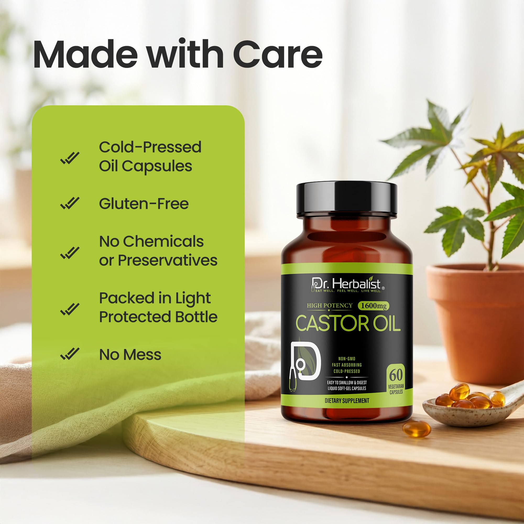 Dr. HERBALIST Castor Oil Capsules 1600mg - Cold-Pressed Ricinus Communis Seed Oil, No Fennel - 60 Easy-Swallow Vegetarian Softgels (30 Servings) - Castor Oil Pills for Hair & Skin - Halal — Amazon image 9