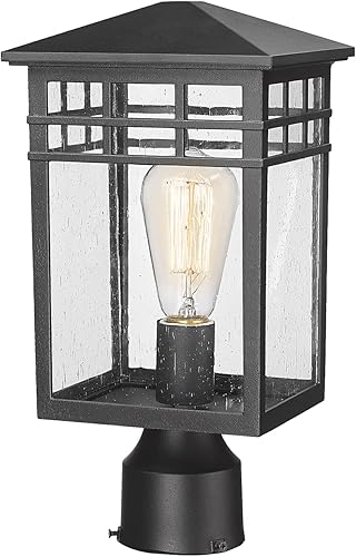 RZ009-P BK - Lámpara de poste para exteriores, moderna linterna de pilar exterior con acabado negro y vidrio sembrado, luz de poste para jardín,