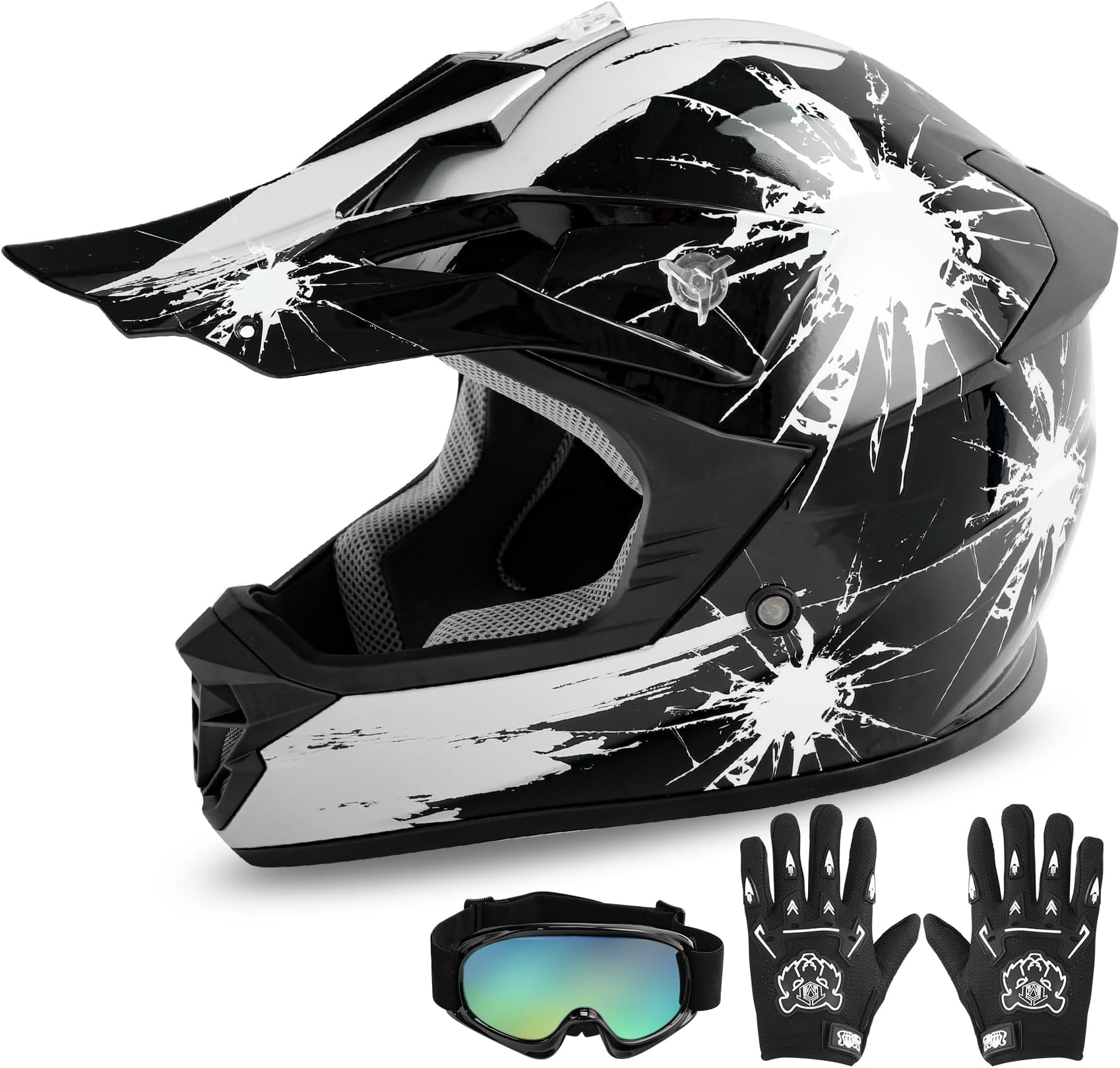 XFMT Kids Dirt Bike Helmet Youth Motorcycle Helmet DOT-Certified Full Face Helmets for Motocross ATV Off-Road Street Bike with Goggles & Gloves, Black White Fireworks Small