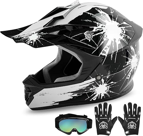 Miniatura 14 de XFMT - Juego de casco DOT con gafas y guantes para motocross, cuatrimoto y vehículos todoterreno para niños y jóvenes, diseño de calavera azul,