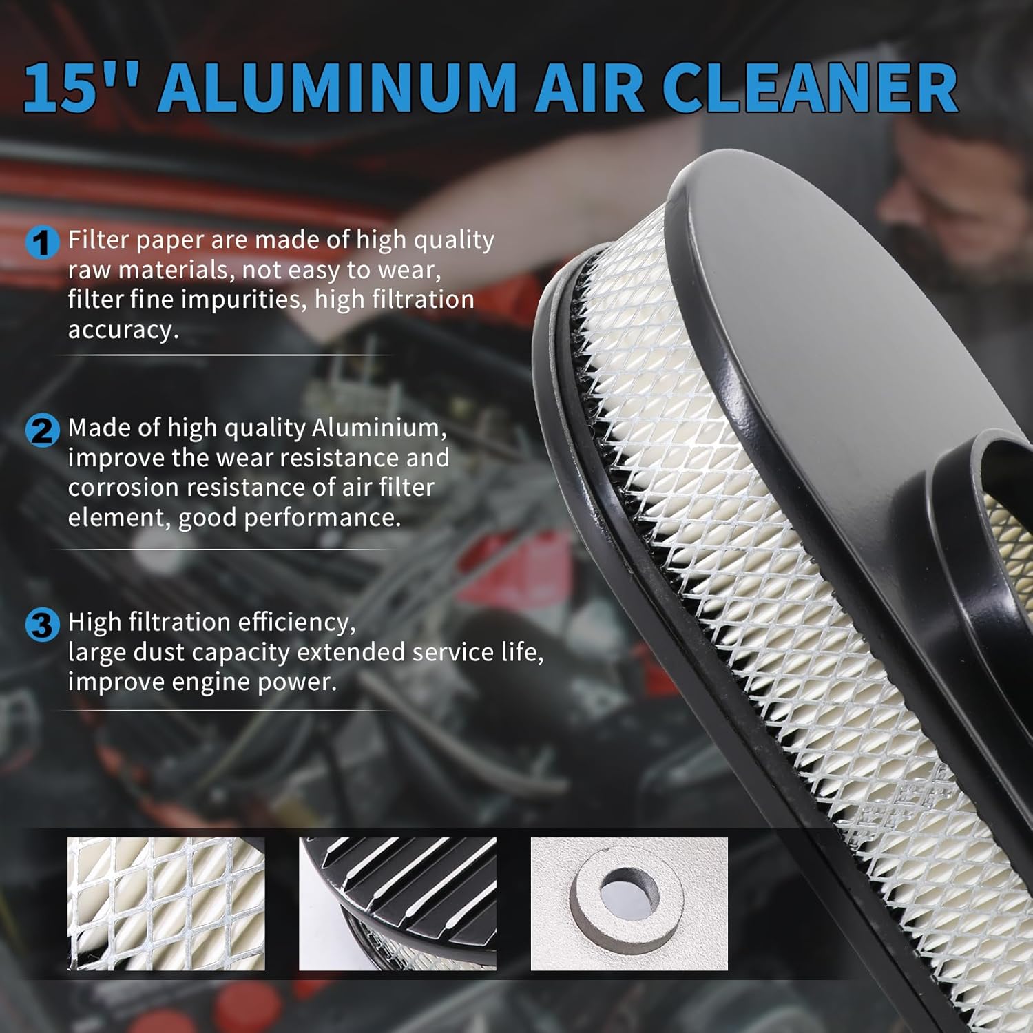 Dokili Retro 15" Black Fully Finned Polished Aluminum Oval Air Cleaner Assembly Fits 5-1/8" Neck Carburetors for Big Block Chevy Ford Mopar