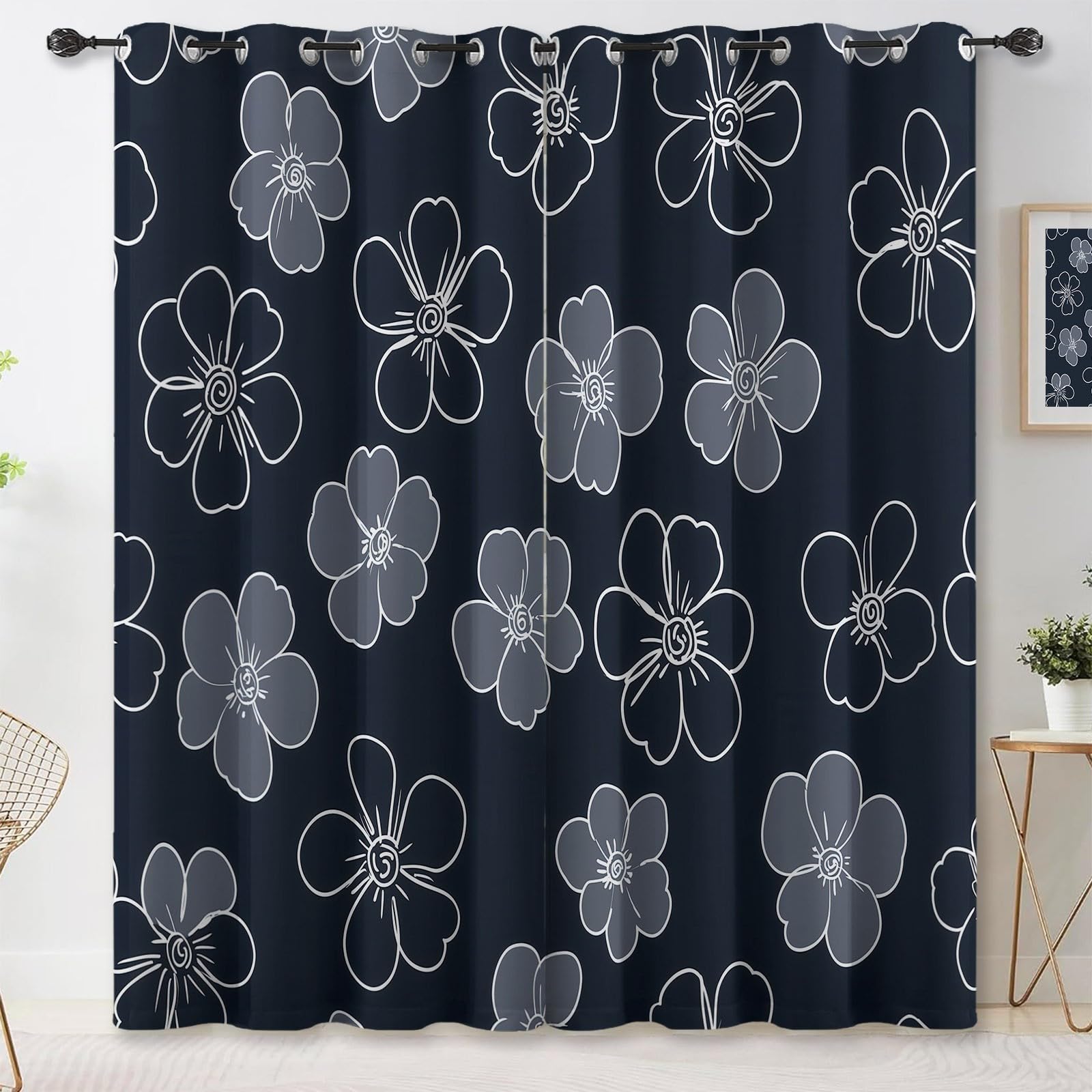 Natur Minimalistisch Vorhänge mit Ösen, Dunkelgrau Blickdichte Vorhänge Wohnzimmer Schlafzimmer, Handgezeichnet Blumen Linien Maschine Waschbar Fenster Verdunkelungsvorhänge, H215 x B110 cm 2 Stück