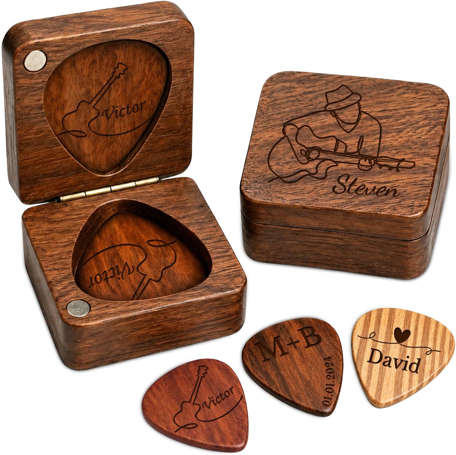 Personalized Wooden Guitar Pick Holder, Custom Guitar Picks, Engraved Name Logo Design Mini Guitar Case Storage Box Stand, Gift for Guitarists, Musicians, Boyfriend, Band Lovers (Style 2)