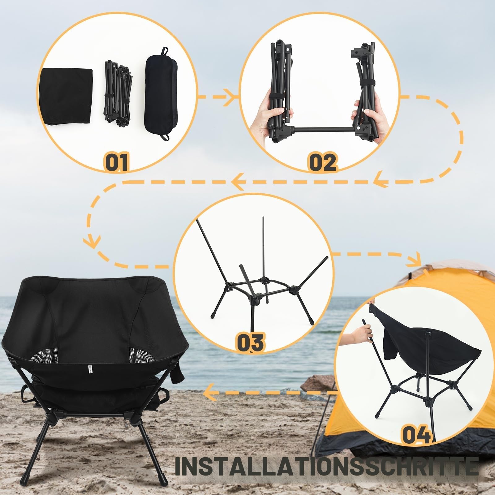 Campingstuhl Faltbar, Ultraleicht Kleiner Faltstuhl, Verstellbare Höhe, Mit Seitentaschen, Campingstuhl Kleines Packmaß Für Picknick Angeln Garten Wandern Sport Outdoor Rucksackreisen