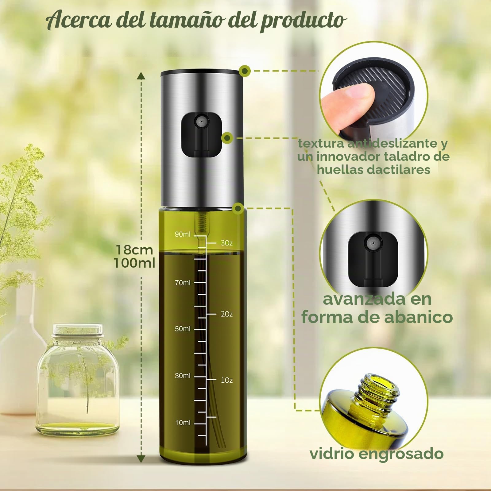 Zanfqvo Pulverizador Aceite Spray, 2PCS Spray Aceite Cocina Vidrio Especial con protección UV Verde, Dispensador de Aceitera Antigoteo Para cocinar, asar, ensaladas, freír en el aire