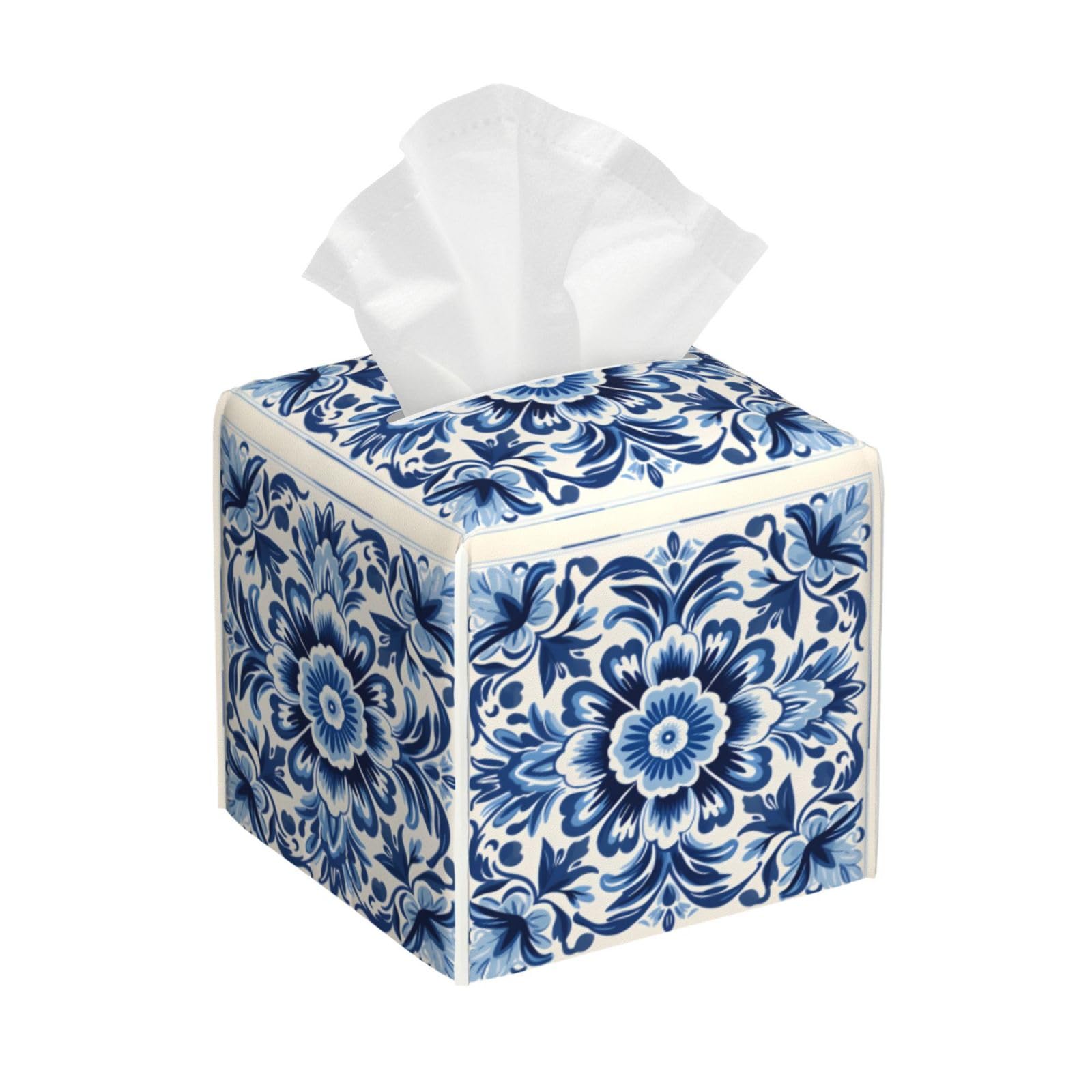 Mexpekil Square PU Leather Tissue Box Holder - Vintage Mandala Flowers Blue Napkin Dispenser for Bathroom and Car