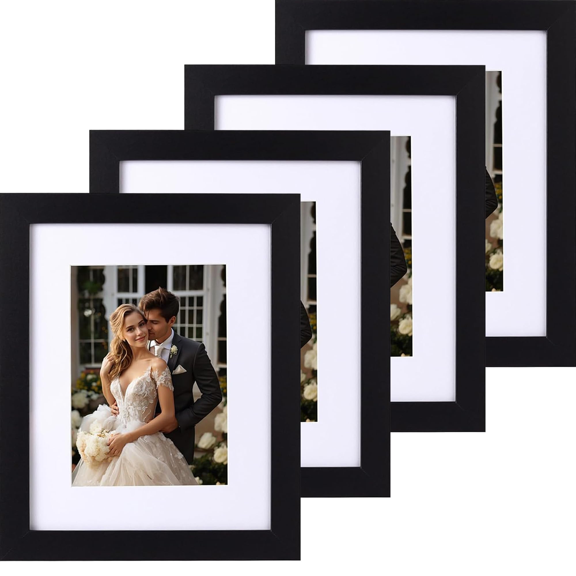 Iadefan 8x10 Picture Frame Set of 4, Black 8 by 10 Photo Frames with 5x7 Mat, Tabletop or Wall Hanging Decor.