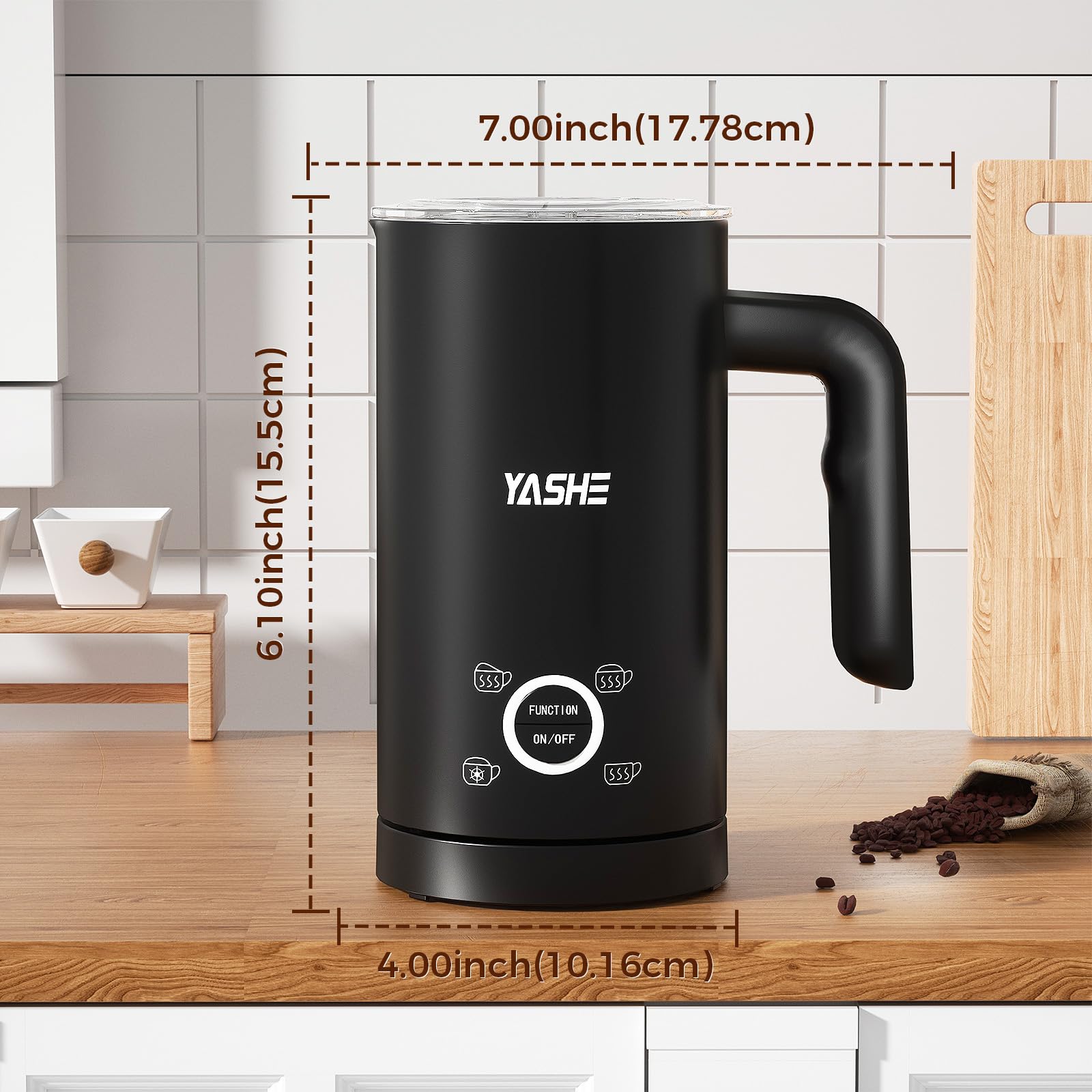YASHE 4-IN-1 Edelstahl Milchaufschäumer, 10oz/300ml Milchschäumer für Perfekte Lattes, Cappuccinos, Macchiato & Heiße Schokolade, Schnell & Einfach zu Reinigen, mit Dichtem Samtigem Schaum