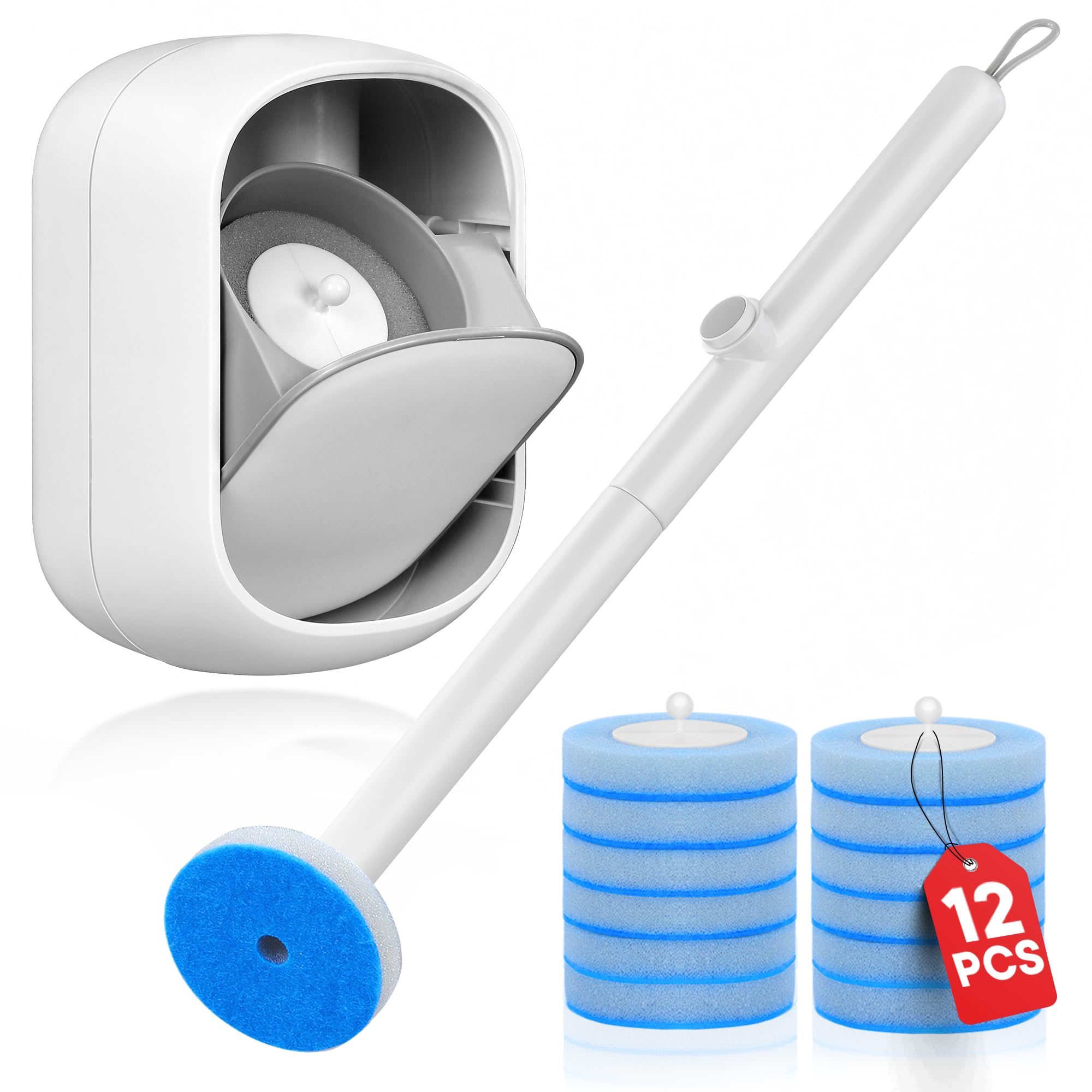 Disposable Toilet Brush with Holder, Toilet Wand Kit with 12 Disposable Refill Heads, Hygienic Toilet Cleaning Brush for Bathroom, Toilet Bowl Cleaner Brush & Storage Caddy