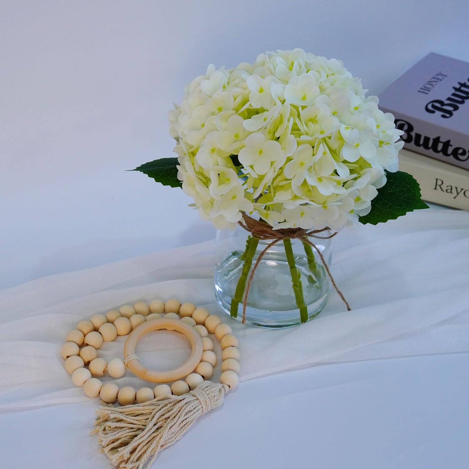 Garvee Real Touch Hydrangea Artificial Flowers in Vase with Wood Bead String, Lifelike Faux Hydrangea Flowers for Home Decoration, Fake Flowers Centerpiece for Table, Bathroom, Office & Water Bar