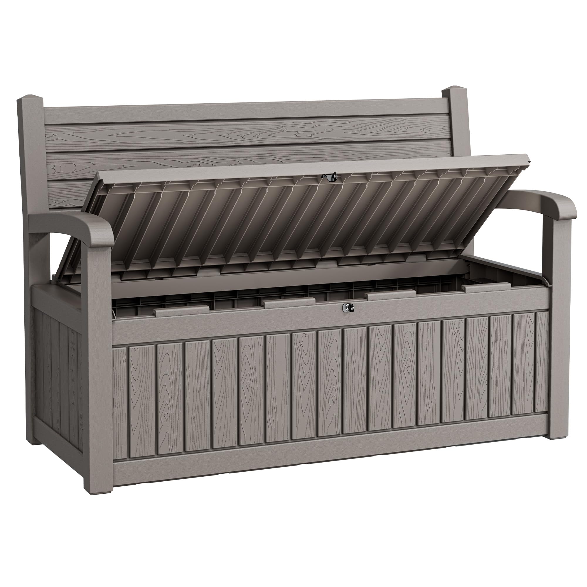 Photo 1 of WTFGO 80 Gallon Lockable Deck Bench with Storage, Resin Stripes Outdoor Storage Box, Waterproof Outdoor Porch Bench for Cushions Garden Tools, and Pool Supplies, Grey