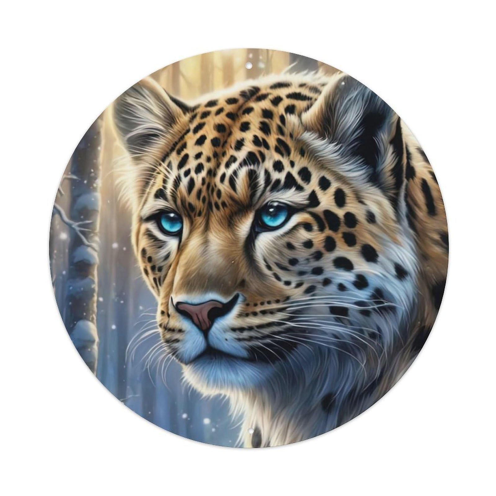 Wildlife Artwork Leopard in Snow Vintage Metal Tin Sign Plaque Wall Decor for Cafe, Club, Garden Round Metal Poster 8x8Inch