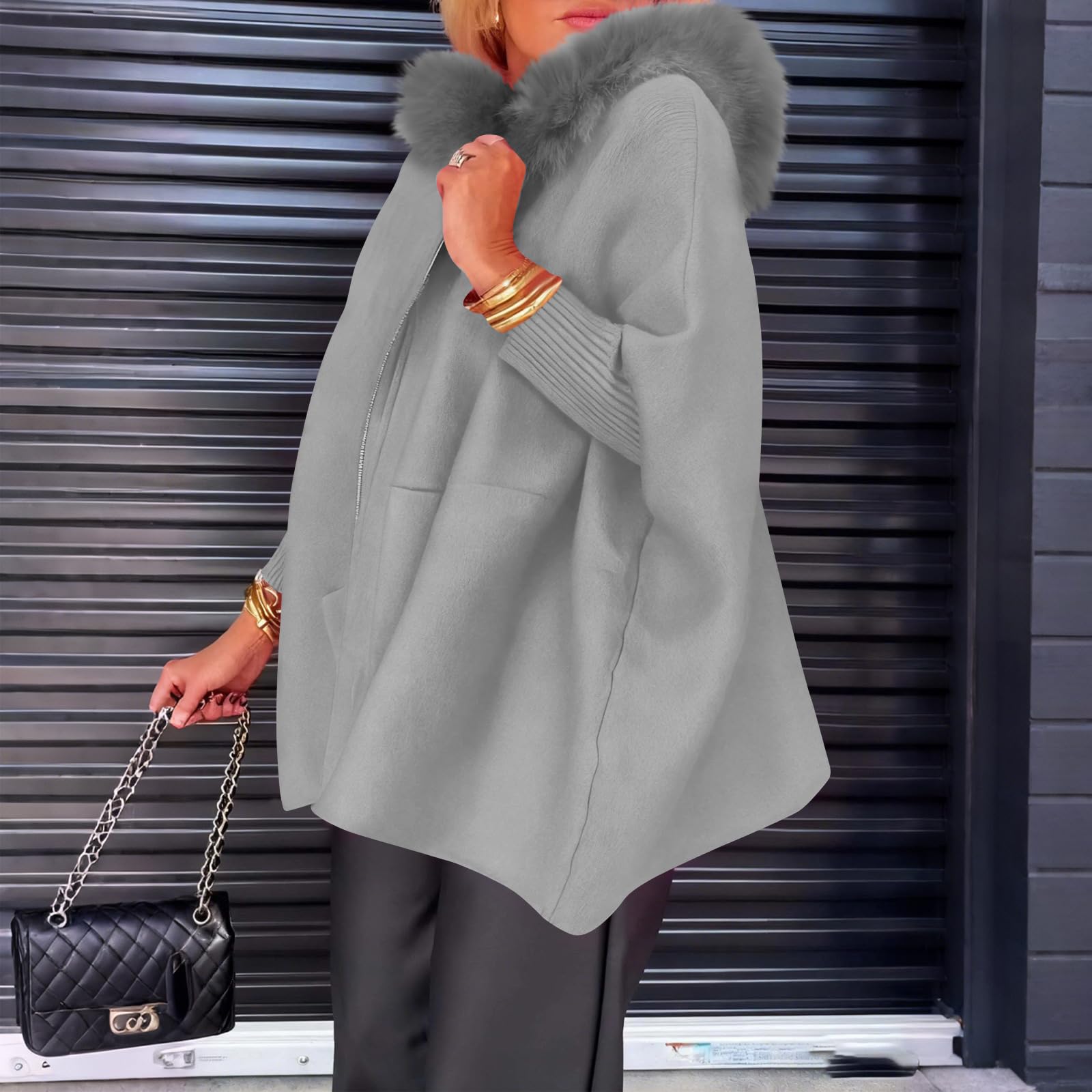 Generisch Kapuzenjacke Damen Oversize Strickjacke Fellkragen Übergangsjacke