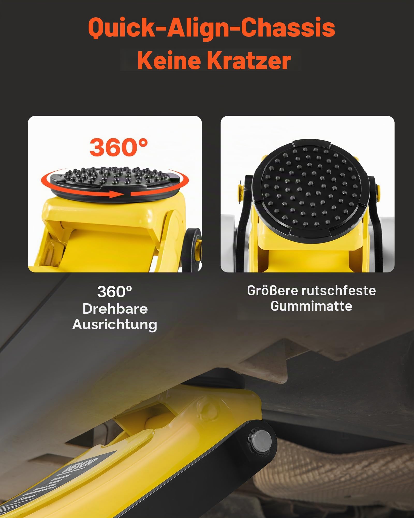 VEVOR Rangierwagenheber Wagenheber mit niedrigem Profil & 360° Rollen 2,5 t, Doppelkolben-Schnellhubpumpe, 95–475 mm Hubhöhe, hydraulische Wagenheber für kompakte SUVs Gelb + Schwarz