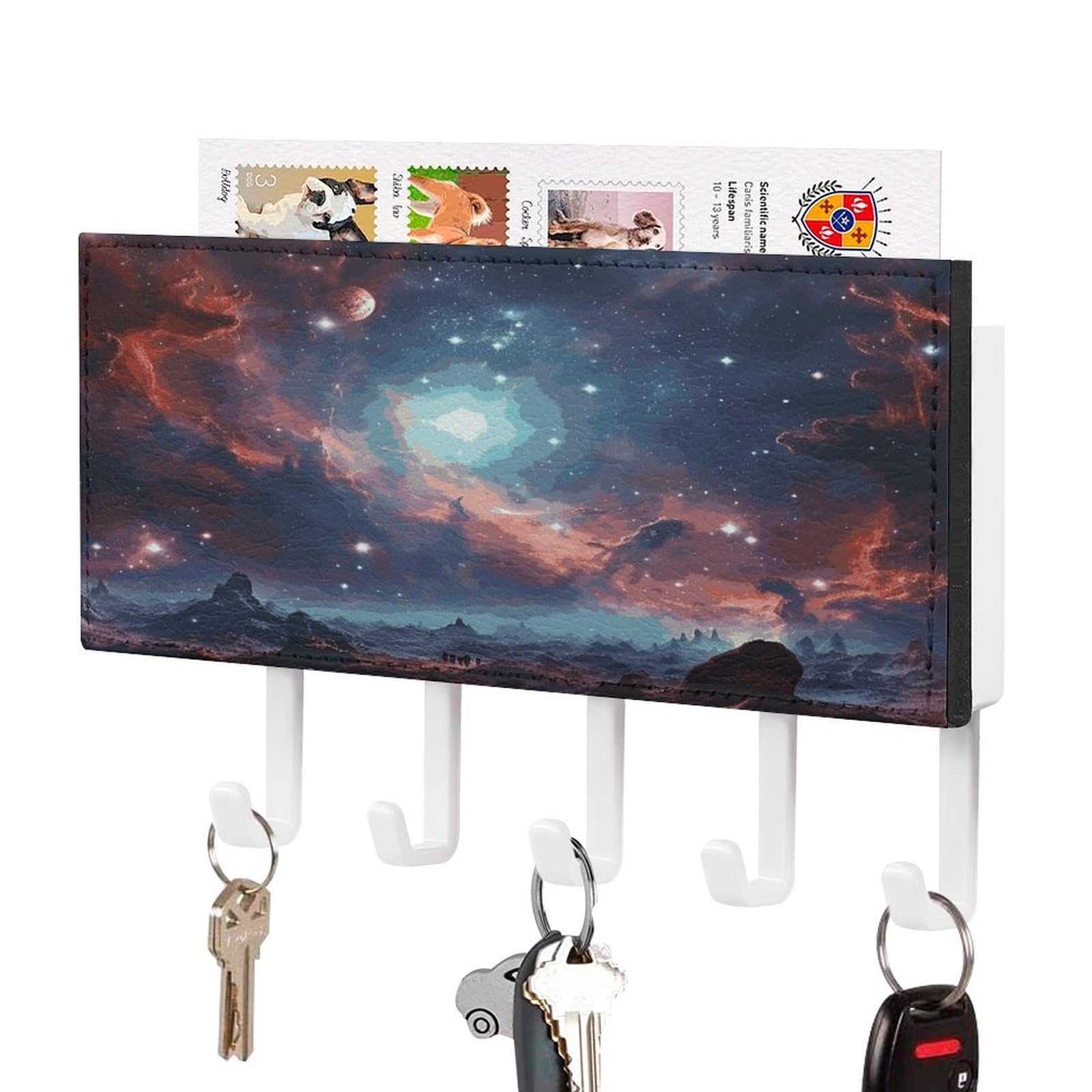LDGSUPH Space with Cluster Key Holder Wall Mount Key Hanger with 5 Hooks Fashion Key Organizer Rack Hanging Key Hooks with Mail Organizer Key Rack for Home Entryway Hallway White-Style