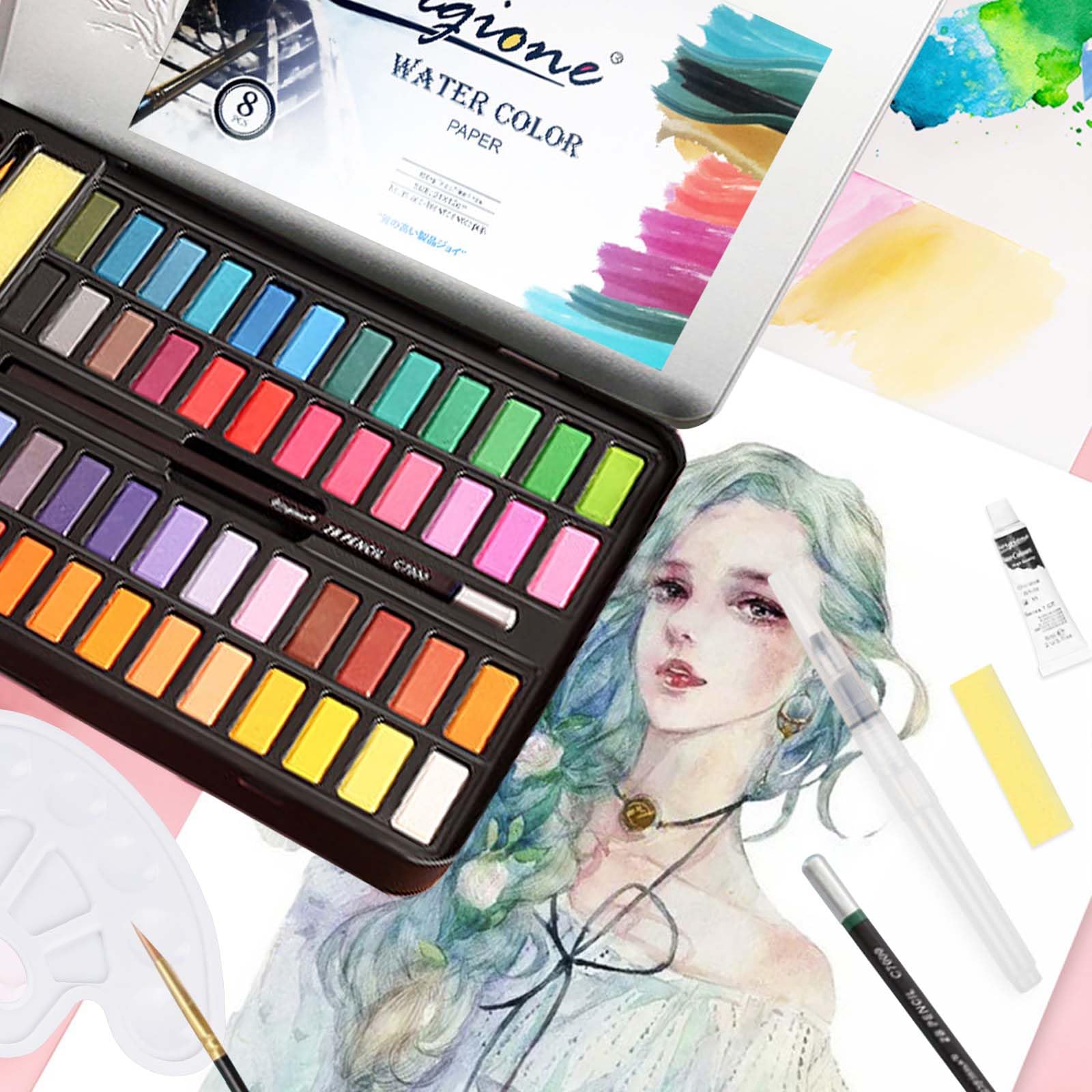 Juego de Acuarelas Profesionales 48 Colores,Set De Pintura De Acuarela,Incluyendo Pincel y Pinceles de Agua,Paleta Acuarela,etc,para Principiantes y Profesionales