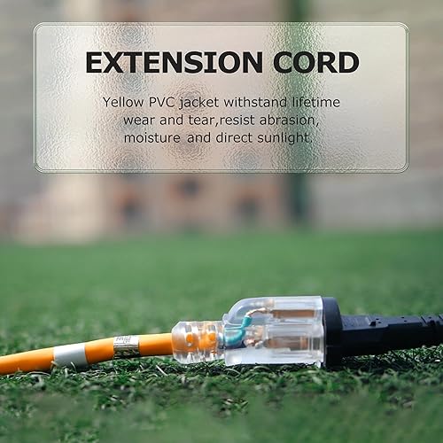 Miniatura 6 de Cable de extensión amarillo de 40 pies, cable 123 iluminado para exteriores, cable de extensión SJTW de calibre 12 y 3 clavijas resistente con