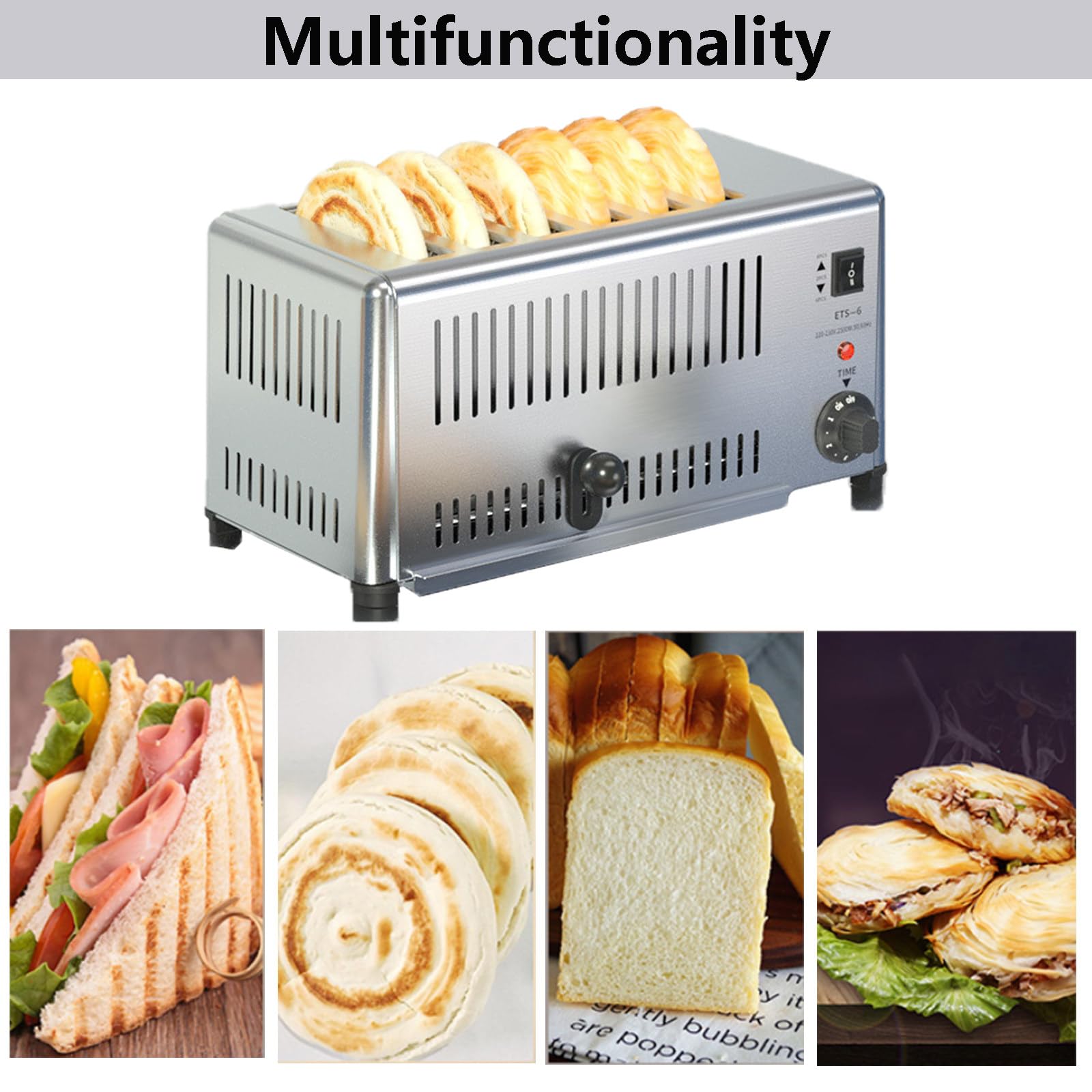 Toster Komercyjny Na 4 Kromki, Elektryczny, Ze Stali Nierdzewnej, 1800 W, Z Regulacją Czasu, 3 Tryby, Do Domów, Restauracji, Hoteli 6slices