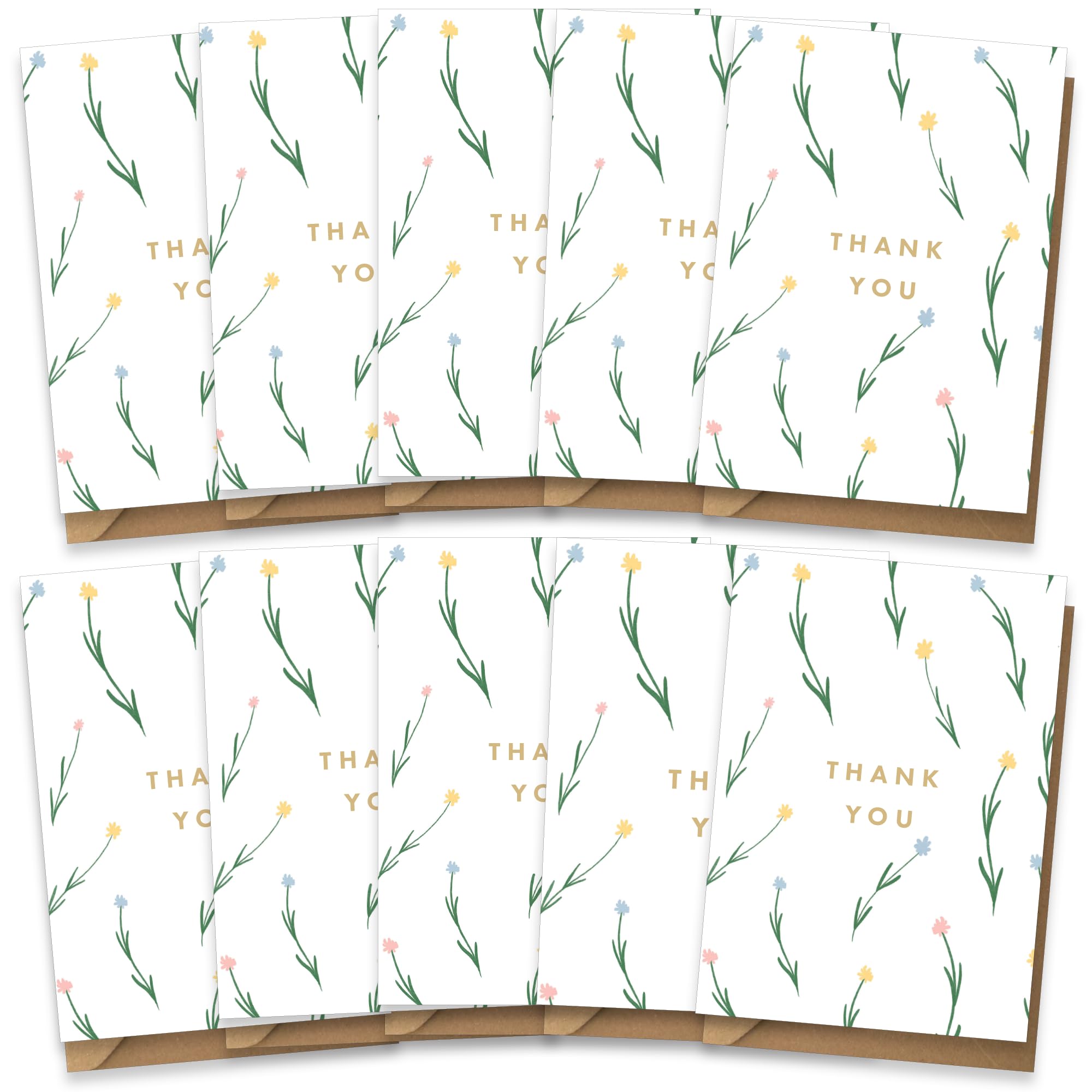 Stylish Thank You Multipack Card Set - Pack of 10 - Cute Floral Artwork Design for Friends and Family - Luxury Multi-pack of Ten Cards, Blank Inside with Premium Envelopes
