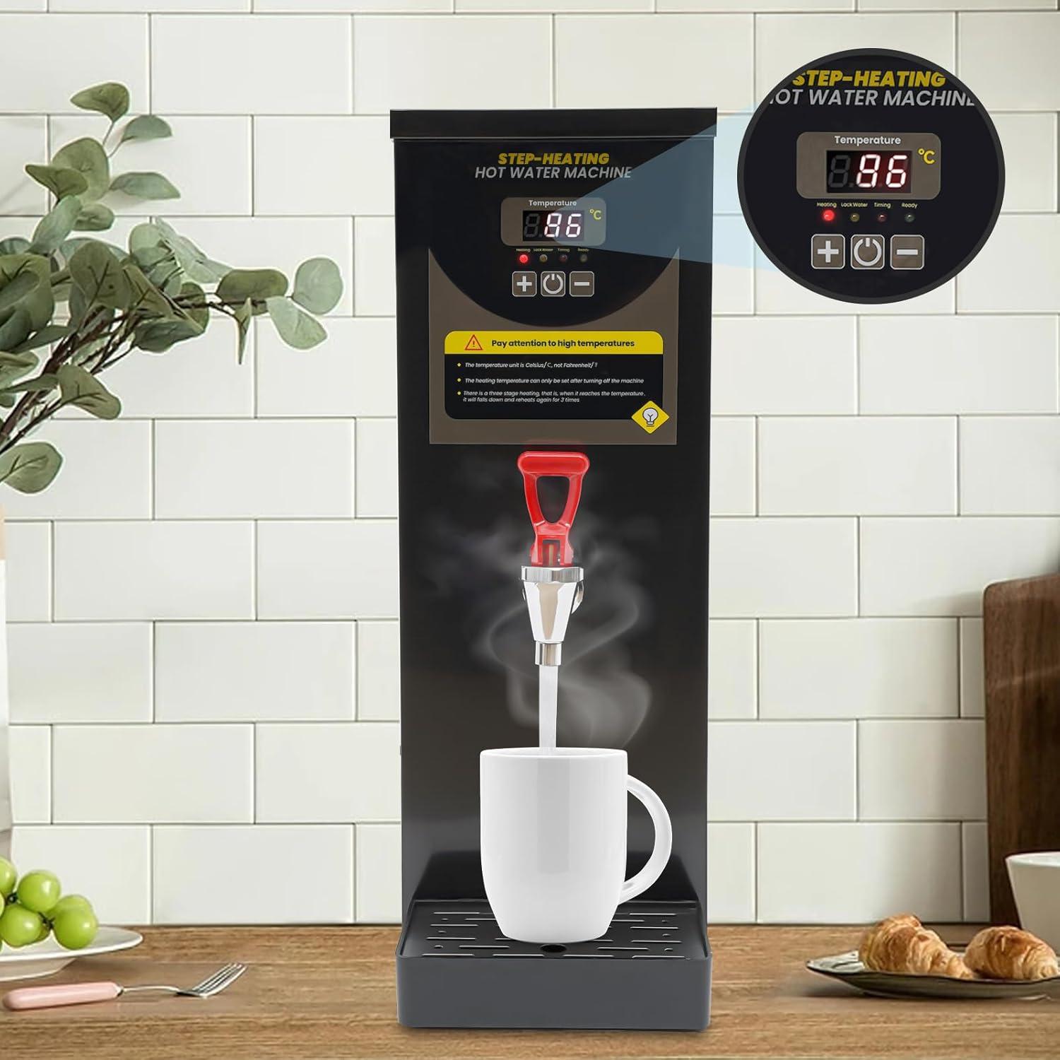 Step-Heating Commercial Hot Water Dispenser, 304 Stainless Steel Water Boiler Machine, 35L/H Electric Hot Water Boiler and Warmer, for Tea Boba Tea Milk Tea Restaurant Hotel (Black)