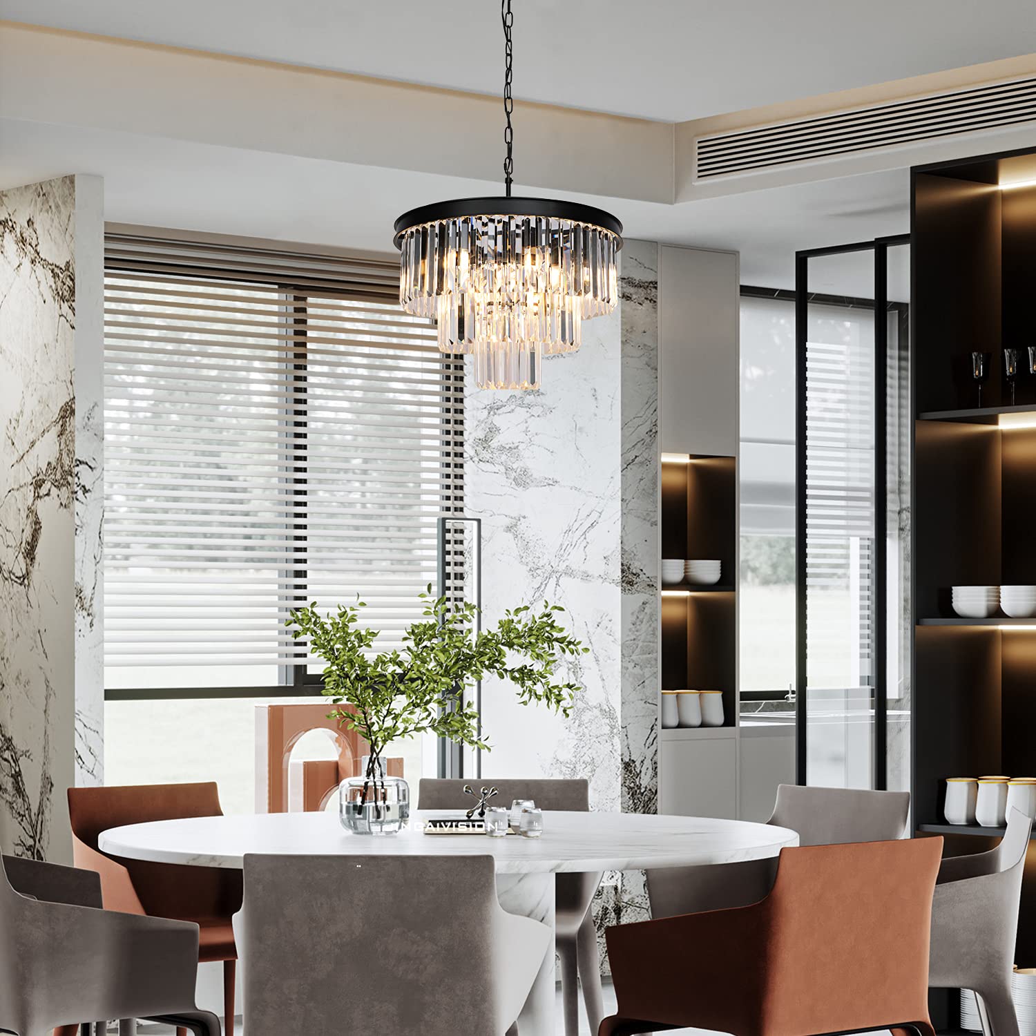 Weesalife Modern Crystal Chandeliers Contemporary Ceiling Lights Fixtures 9 Lights Farmhouse Pendant Lighting Dining Room Living Room 3-Tier Chandelier W19.7 Inches, Black