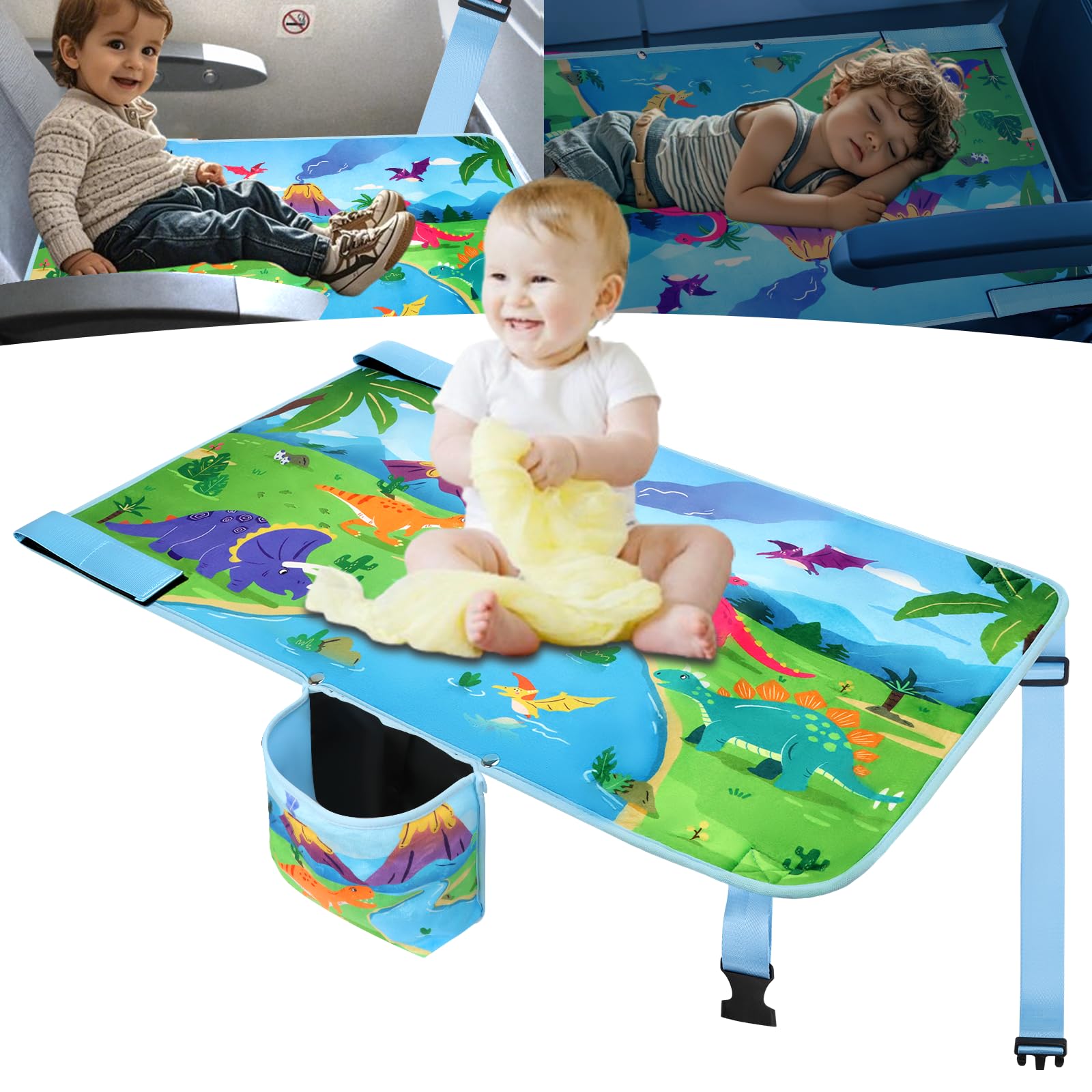 UNTREE Toddler Airplane Bed, Portable Kids Travel Essentials, Soft Airplane Seat Extender for Kids 1-4, Foot Rest for Flights (Dinosaur)