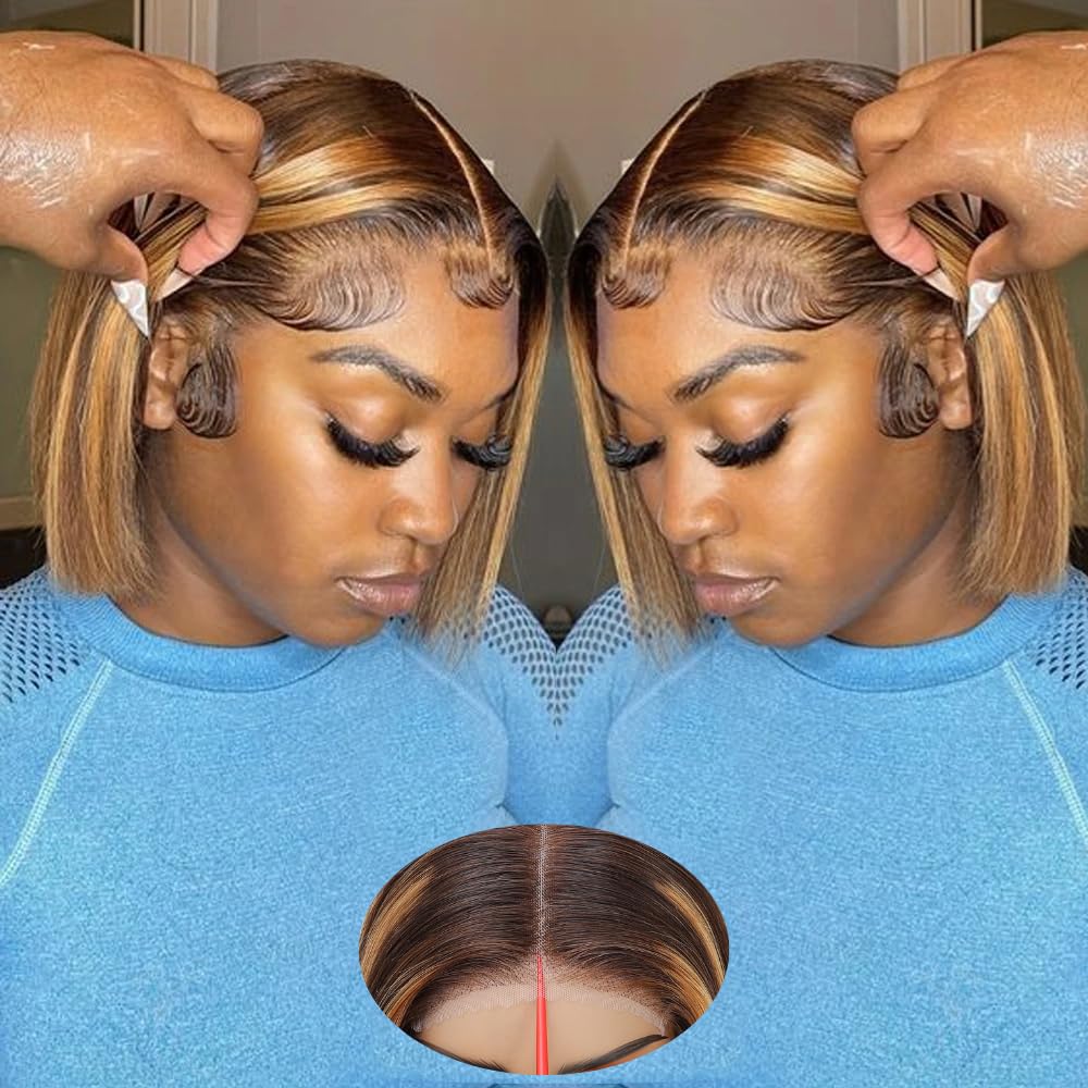 Photo 1 of Highlight Straight Bob Wig Human Hair 4/27 Ombre Blonde 5x5 Hd Lace Closure Wig Wear and Go Glueless Bob Wig 10 Inch Pre Plucked With Baby Hair Short Bob Hd Transparent Lace Wigs No Glue Wig for Women
