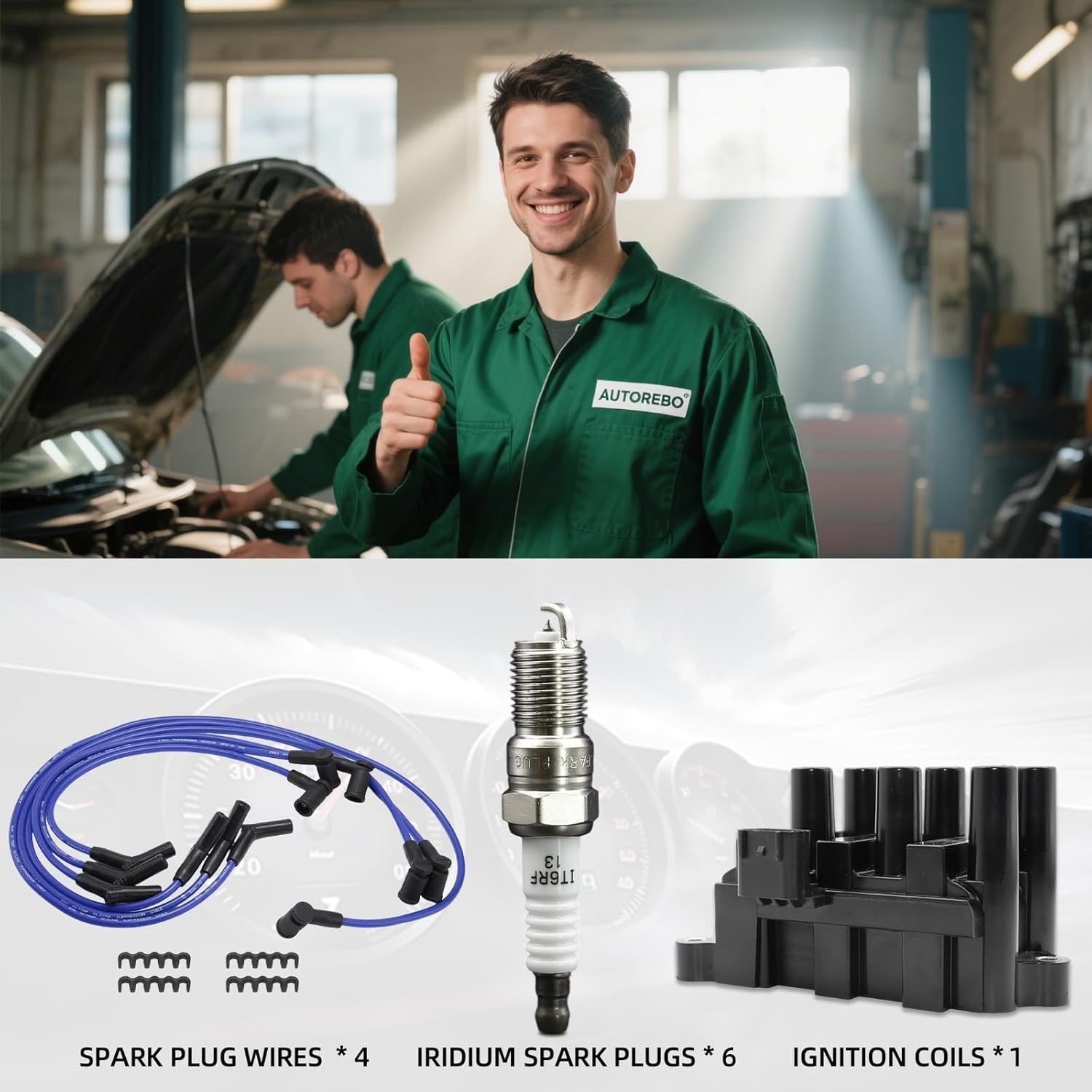 Set of 1 Ignition Coils Pack FD498 DG532 5F2Z-12029-AD with 6 Iridium Spark Plugs and Spark plug Wire Set Compatible with Ford Ranger 2004-2008 Mazda B3000 2003-2007 3.0L V6