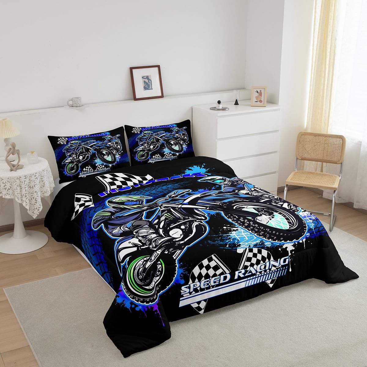 Feelyou Kids Blue Dirt Bike Bedding Set Twin Size, Extreme Sports Comforter Set Boys Girls Racing Motocross Comforter Motorcycle Teens Duvet Set Bedroom Decor with 1 Pillow Case