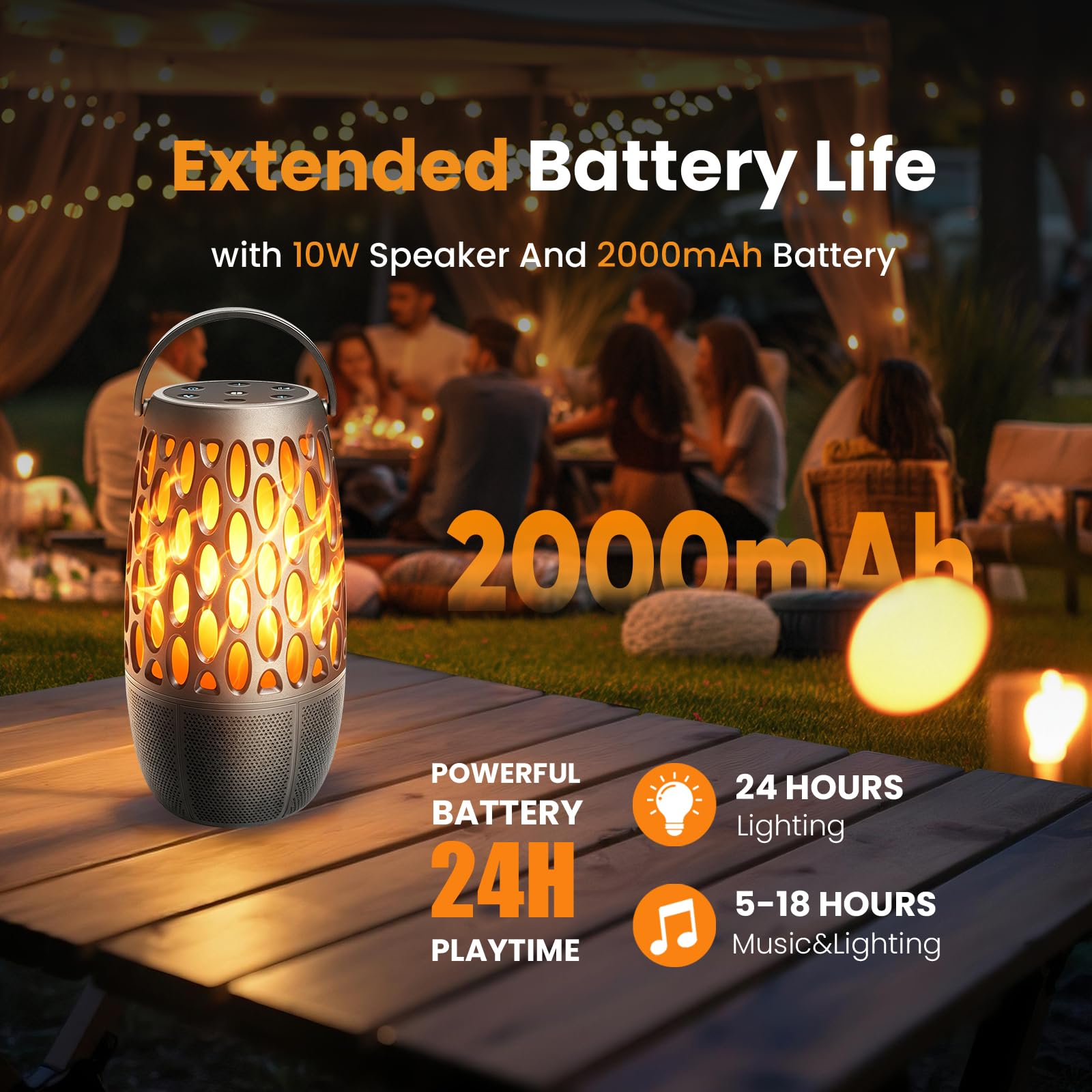 Altoparlante Bluetooth da esterno con luci a fiamma con IPX6 Waterpoof, suono stereo HD da 10 W, altoparlante a fiamma LED Bluetooth 5.3, regalo per uomini e donne, decorazioni per feste, giardino